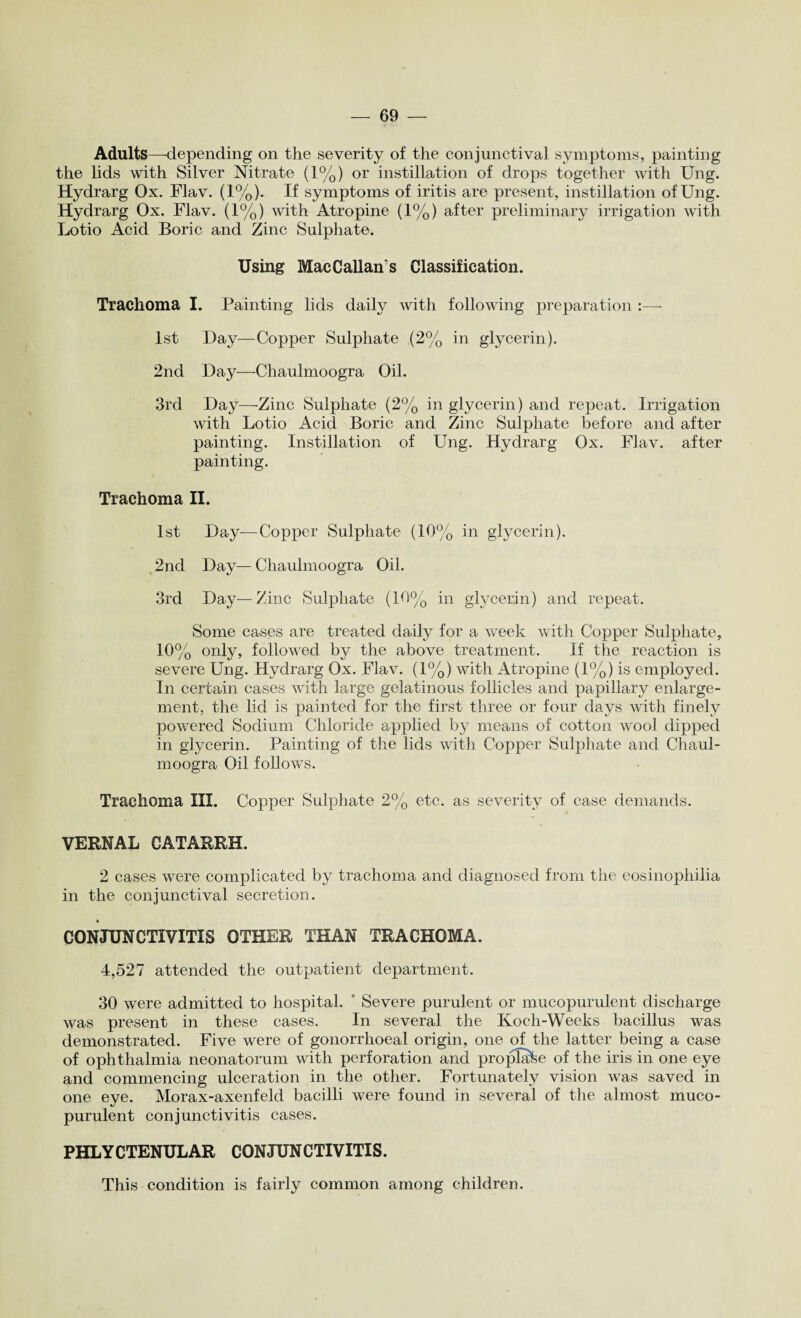 Adults—-depending on the severity of the conjunctival symptoms, painting the lids with Silver Nitrate (1%) or instillation of drops together with Ung. Hydrarg Ox. Flav. (1%). If symptoms of iritis are present, instillation of Ung. Hydrarg Ox. Flav. (1%) with Atropine (1%) after preliminary irrigation with Lotio Acid Boric and Zinc Sulphate. Using MacCallan s Classification. Trachoma I. Painting lids daily with following preparation 1st Day—Copper Sulphate (2% in glycerin). 2nd Day—Chaulmoogra Oil. 3rd Day—Zinc Sulphate (2% in glycerin) and repeat. Irrigation with Lotio Acid Boric and Zinc Sulphate before and after painting. Instillation of Ung. Hydrarg Ox. Flav. after painting. Trachoma II. 1st Day—Copper Sulphate (10% in glycerin). 2nd Day— Chaulmoogra Oil. 3rd Day—Zinc Sulphate (10% in glycerin) and repeat. Some cases are treated daily for a week with Copper Sulphate, 10% only, followed by the above treatment. If the reaction is severe Ung. Hydrarg Ox. Flav. (1%) with Atropine (1%) is employed. In certain cases with large gelatinous follicles and papillary enlarge¬ ment, the lid is painted for the first three or four days with finely powered Sodium Chloride applied by means of cotton wool dipped in glycerin. Painting of the lids with Copper Sulphate and Chaul¬ moogra Oil follows. Trachoma III. Copper Sulphate 2% etc. as severity of case demands. VERNAL CATARRH. 2 cases were complicated by trachoma and diagnosed from the eosinophilia in the conjunctival secretion. CONJUNCTIVITIS OTHER THAN TRACHOMA. 4,527 attended the outpatient department. 30 were admitted to hospital. Severe purulent or mucopurulent discharge was present in these cases. In several the Koch-Weeks bacillus was demonstrated. Five were of gonorrhoeal origin, one of the latter being a case of ophthalmia neonatorum with perforation and proplafee of the iris in one eye and commencing ulceration in the other. Fortunately vision was saved in one eye. Morax-axenfeld bacilli were found in several of the almost muco¬ purulent conjunctivitis cases. PHLYCTENULAR CONJUNCTIVITIS. This condition is fairly common among children.
