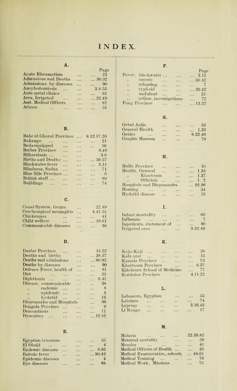 INDEX A. Page Acute Rheumatism ... 25 Admissions and Deaths ... 90.92 Admissions by diseases ... 90 Ancylostomiasis . 3.8.55 Ante-natal clinics ... 61 Area, Irrigated ...22.49 Asst. Medical Officers ... 87 Atbara ... 51 B. Bahr el Ghazal Province ... 8.12.17.26 Bakango ... 21 Beds equipped ... 96 Berber Province 9.49 Bilharziasis ... 3.8 Births and Deaths ... ... 38.57 Blackwater fever ... 3.11 Blindness, Sudan ... 71 Blue Nile Province ... 9 British staff. ... 89 Buildings 74 C. Canal System, Gezira 22.49 Cerebrospinal meningitis ... 4.41.55 Chickenpox 41 Child welfare ... 59.61 Communicable diseases ... 38 D. Darfur Province 15.22 Deaths and births ... 38.57 Deaths and admissions ...90.92 Deaths by diseases 90 Defence Force, health of ... ... 81 Diet ... 25 Diphtheria ... ... 6.41 Disease, communicable ... 38 ,, endemic ... 8 ,, epidemic ... 4 ,, hydatid 13 Dispensaries and Hospitals ... 96 Dongola Province ... 9 Dracontiasis 11 Dysentery ... ...12,42 E. Egyptian labourers 55 El Obeid 4 Endemic diseases ... ... 8.95 Enteric fever ...30.42 Epidemic diseases 4 Eye diseases ... 68 F. Page Fever, blackwater ... ... 3.11 ,, enteric ... 30.42 ,, relapsing 7 ,, typhoid ... 30.42 ,, undulant ... 31 ,, yellow, investigations ... 72 Fung Province ... 13.22 G. Gebel Aulia ... 55 General Health ... 1.35 Gezira . 9.22.49 Graphic Museum 79 H. Haifa Province ... 10 Health, General ... 1.35 ,, Khartoum ... 1.37 ,, Officials ... ... 1. 2 Hospitals and Dispensaries ... 92.96 Housing ... 34 Hydatid disease ... 13 I. Infant mortality ... ... 60 Influenza ... ... ... ... 7 Inpatients, statement of .. ... 90 Irrigated area ... ... 9.22.49 K. Kajo-Kaji Kala azar Kassala Province ... Khartoum Province Kitchener School of Medicine Kordofan Province 26 13 ... 13 ... 6.37 ... 77 4.11.22 L. Labourers, Egyptian Latrines Leprosy Li Rangu 55 74 16.43 17 M. Malaria 22.39.82 Maternal mortality ... 59 Measles ... 41 Medical Officers of Health ... ... 35 Medical Examination, schools ... 48.61 Medical Training 79 Medical Work, Missions 75