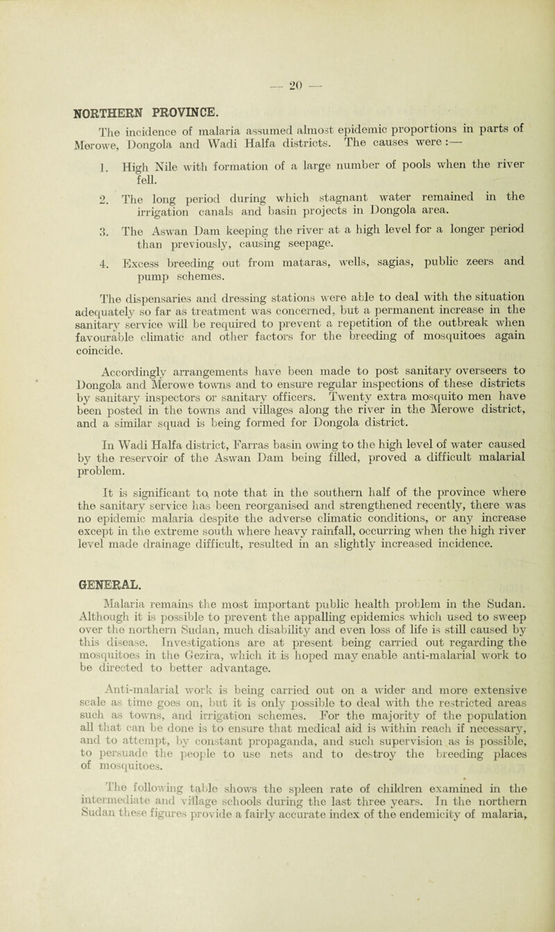 NORTHERN PROVINCE. The incidence of malaria assumed almost epidemic proportions in parts of Merowe, Dongola and Wadi Haifa districts. The causes were : 1 High Nile with formation of a large number of pools when the river fell. 2. The long period during which stagnant water remained in the irrigation canals and basin projects in Dongola area. 3. The Aswan Dam keeping the river at a high level for a longer period than previously, causing seepage. 4. Excess breeding out from mat.aras, wells, sagias, public zeers and pump schemes. The dispensaries and dressing stations were able to deal with the situation adequately so far as treatment was concerned, but a permanent increase in the sanitarv service will be required to prevent a repetition of the outbreak when favourable climatic and other factors for the breeding of mosquitoes again coincide. Accordingly arrangements have been made to post sanitary overseers to Dongola and Merowe towns and to ensure regular inspections of these districts by sanitary inspectors or sanitary officers. Twenty extra mosquito men have been posted in the towns and villages along the river in the Merowe district, and a similar squad is being formed for Dongola district. In Wadi Haifa district, Farras basin owing to the high level of water caused by the reservoir of the Aswan Dam being filled, proved a difficult malarial problem. It is significant to note that in the southern half of the province where the sanitary service has been reorganised and strengthened recently, there was no epidemic malaria despite the adverse climatic conditions, or any increase except in the extreme south where heavy rainfall, occurring when the high river level made drainage difficult, resulted in an slightly increased incidence. GENERAL. Malaria remains the most important public health problem in the Sudan. Although it is possible to prevent the appalling epidemics which used to sweep over the northern Sudan, much disability and even loss of life is still caused by this disease. Investigations are at present being carried out regarding the mosquitoes in the Gezira, which it is hoped may enable anti-malarial work to be directed to better advantage. Anti-malarial work is being carried out on a wider and more extensive scale as time goes on, but it is only possible to deal with the restricted areas such as towns, and irrigation schemes. For the majority of the population all that can be done is to ensure that medical aid is within reach if necessary, and to attempt, by constant propaganda, and such supervision as is possible, to persuade the people to use nets and to destroy the breeding places of mosquitoes. • I he following table shows the spleen rate of children examined in the intermediate and village schools during the last three years. In the northern Sudan these figures provide a fairly accurate index of the endemieity of malaria.