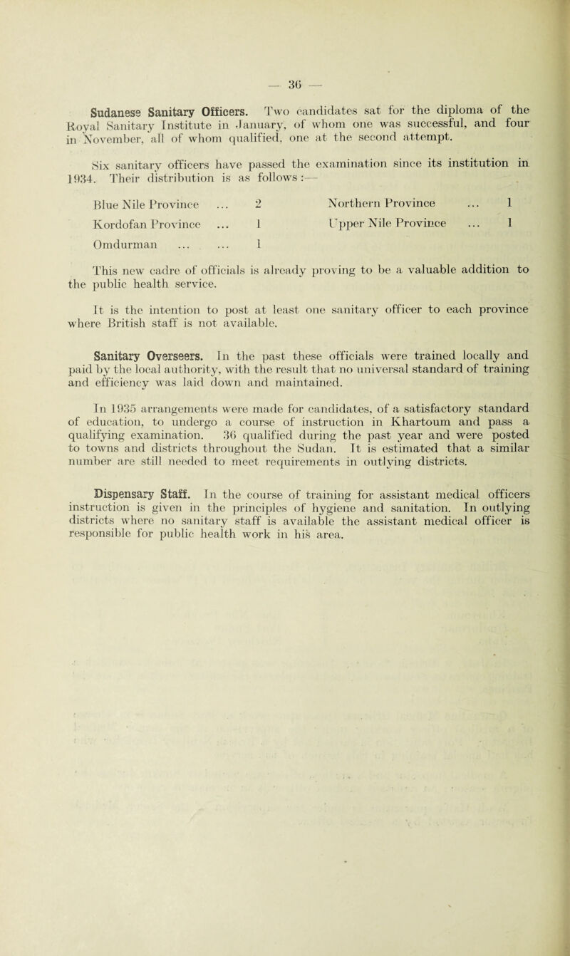 Sudanese Sanitary Officers. Two candidates sat for the diploma of the Royal Sanitary Institute in January, of whom one was successful, and four in November, all of whom qualified, one at the second attempt. Six sanitary officers have passed the examination since its institution in 1934. Their distribution is as follows:— Blue Nile Province ... 2 Northern Province ... 1 Kordofan Province ... 1 Upper Nile Province ... 1 Omdurman ... ... 1 This new cadre of officials is already proving to be a valuable addition to the public health service. It is the intention to post at least one sanitary officer to each province where British staff is not available. Sanitary Overseers. In the past these officials were trained locally and paid by the local authority, with the result that no universal standard of training and efficiency was laid down and maintained. In 1935 arrangements were made for candidates, of a satisfactory standard of education, to undergo a course of instruction in Khartoum and pass a qualifying examination. 36 qualified during the past year and were posted to towns and districts throughout the Sudan. It is estimated that a similar number are still needed to meet requirements in outlying districts. Dispensary Staff. In the course of training for assistant medical officers instruction is given in the principles of hygiene and sanitation. In outlying districts where no sanitary staff is available the assistant medical officer is responsible for public health work in his area.