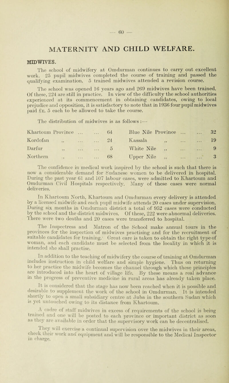 - (50 — MATERNITY AND CHILD WELFARE. MID WIVES. The school of midwifery at Omdurman continues to carry out excellent work. 25 pupil midwives completed the course of training and passed the qualifying examination. 5 trained midwives attended a revision course. The school was opened 16 years ago and 269 midwives have been trained. Of these, 224 are still in practice. In view of the difficulty the school authorities experienced at its commencement in obtaining candidates, owing to local prejudice and opposition, it is satisfactory to note that in 1936 four pupil midwives paid £e. 5 each to be allowed to take the course. The distribution of midwives is as follows Khartoum Province ... ... 64 Blue Nile Province ... 32 Kordofan 99 ... ... 24 Kassala „ 19 Darfur 9 ? ... 5 White Nile „ 9 Northern : 9 ... ... 68 Upper Nile ,, 3 The confidence in medical work inspired by the school is such that there is now a considerable demand for Sudanese women to be delivered in hospital. During the past year 61 and 107 labour cases, were admitted to Khartoum and Omdurman Civil Hospitals respect ivefy. Many of these cases were normal deliveries. In Khartoum North, Khartoum and Omdurman every delivery is attended by a licensed midwife and each pupil midwife attends 20 cases under supervision. During six months in Omdurman district a total of 952 cases were conducted by the school and the district midwives. Of these, 222 were abnormal deliveries. There were two deaths and 20 cases were transferred to hospital. The Inspectress and Matron of the School make annual tours in the provinces for the inspection of midwives practising and for the recruitment of suitable candidates for training. Great care is taken to obtain the right type of woman, and each candidate must be selected from the locality in which it is intended she shall practise. In addition to the teaching of midwifery the course of training at Omdurman includes instruction in child welfare and simple hygiene. Thus on returning to her practice the midwife becomes the channel through which these principles are introduced into the heart of village life. By these means a real advance in the progress of preventive medicine in rural areas has already taken place. It is considered that the stage has now been reached when it is possible and desirable to supplement the work of the school in Omdurman. It is intended shortly to open a small subsidiary centre at Juba in the southern Sudan which is yet untouched owing to its distance from Khartoum. A cadre of staff midwives in excess of requirements of the school is being trained and one will be posted to each province or important district as soon as they are available in order that the supervisory work can be decentralised. They will exercise a continual supervision over the midwdves in their areas, check their work and equipment and will be responsible to the Medical Inspector in charge.