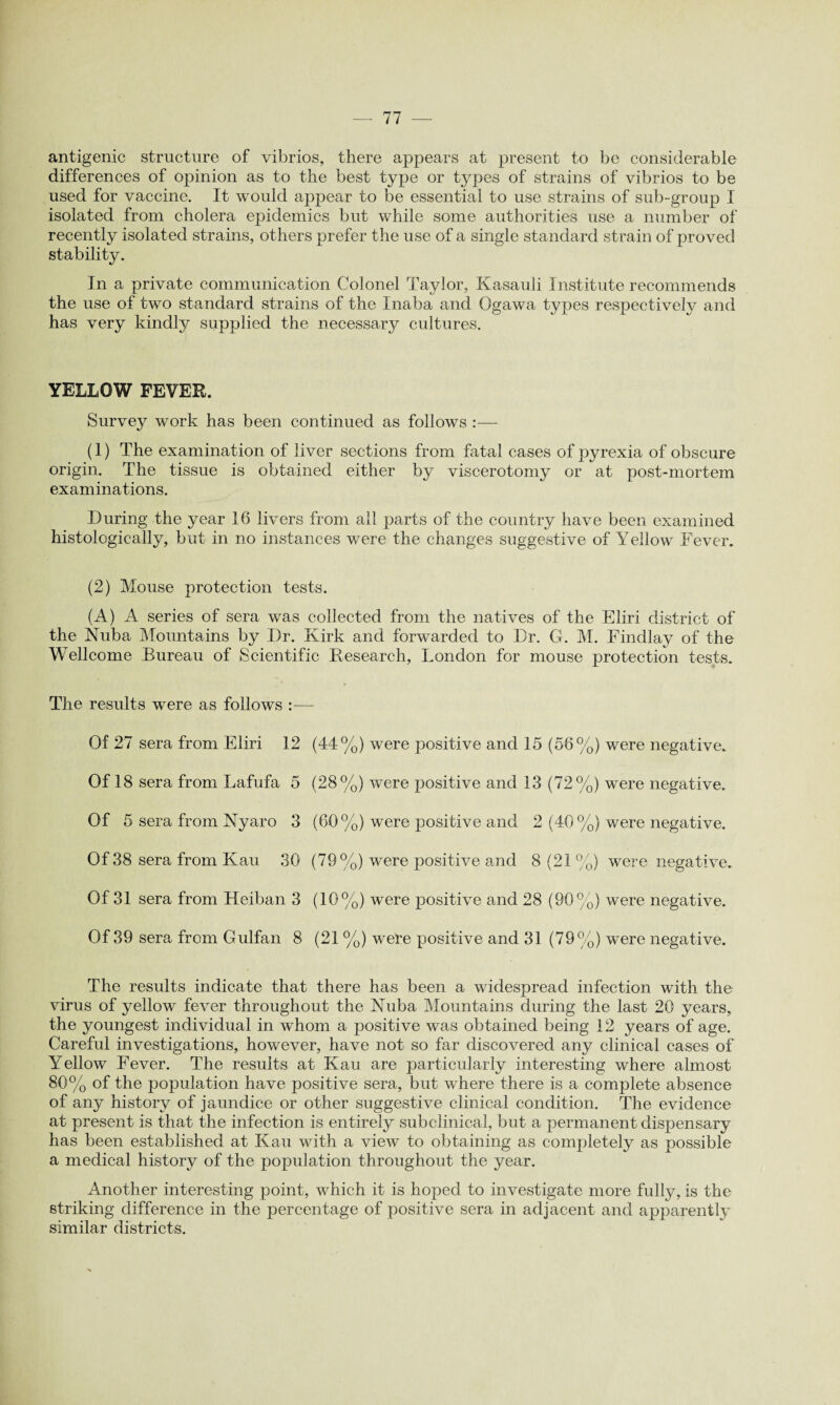antigenic structure of vibrios, there appears at present to be considerable differences of opinion as to the best type or types of strains of vibrios to be used for vaccine. It would appear to be essential to use strains of sub-group I isolated from cholera epidemics but while some authorities use a number of recently isolated strains, others prefer the use of a single standard strain of proved stability. In a private communication Colonel Taylor, Kasauli Institute recommends the use of two standard strains of the Inaba and Ggawa types respectively and has very kindly supplied the necessary cultures. YELLOW FEVER. Survey work has been continued as follows :— (1) The examination of liver sections from fatal cases of pyrexia of obscure origin. The tissue is obtained either by viscerotomy or at post-mortem examinations. During the year 16 livers from all parts of the country have been examined histologically, but in no instances were the changes suggestive of Yellow Fever. (2) Mouse protection tests. (A) A series of sera was collected from the natives of the Eliri district of the Nuba Mountains by Dr. Kirk and forwarded to Dr. G. M. Findlay of the Wellcome Bureau of Scientific Research, London for mouse protection tests. The results were as follows :— Of 27 sera from Eliri 12 (44%) were positive and 15 (56%) were negatb Of 18 sera from Lafufa 5 (28%) were positive and 13 (72%) were negatb Of 5 sera from Nyaro 3 (60%) were positive and 2 (40%) were negatb Of 38 sera from Kau 30 (79%) were positive and 8(21%) were negati Of 31 sera from Heiban 3 (10%) were positive and 28 (90%) were Of 39 sera from Gulfan 8 (21 %) were positive and 31 (79%) were The results indicate that there has been a widespread infection with the virus of yellow fever throughout the Nuba Mountains during the last 20 years, the youngest individual in whom a positive was obtained being 12 years of age. Careful investigations, however, have not so far discovered any clinical cases of Yellow Fever. The results at Kau are particularly interesting where almost 80% of the population have positive sera, but where there is a complete absence of any history of jaundice or other suggestive clinical condition. The evidence at present is that the infection is entirely subclinical, but a permanent dispensary has been established at Kau with a view to obtaining as completely as possible a medical history of the population throughout the year. Another interesting point, which it is hoped to investigate more fully, is the striking difference in the percentage of positive sera in adjacent and apparently similar districts.