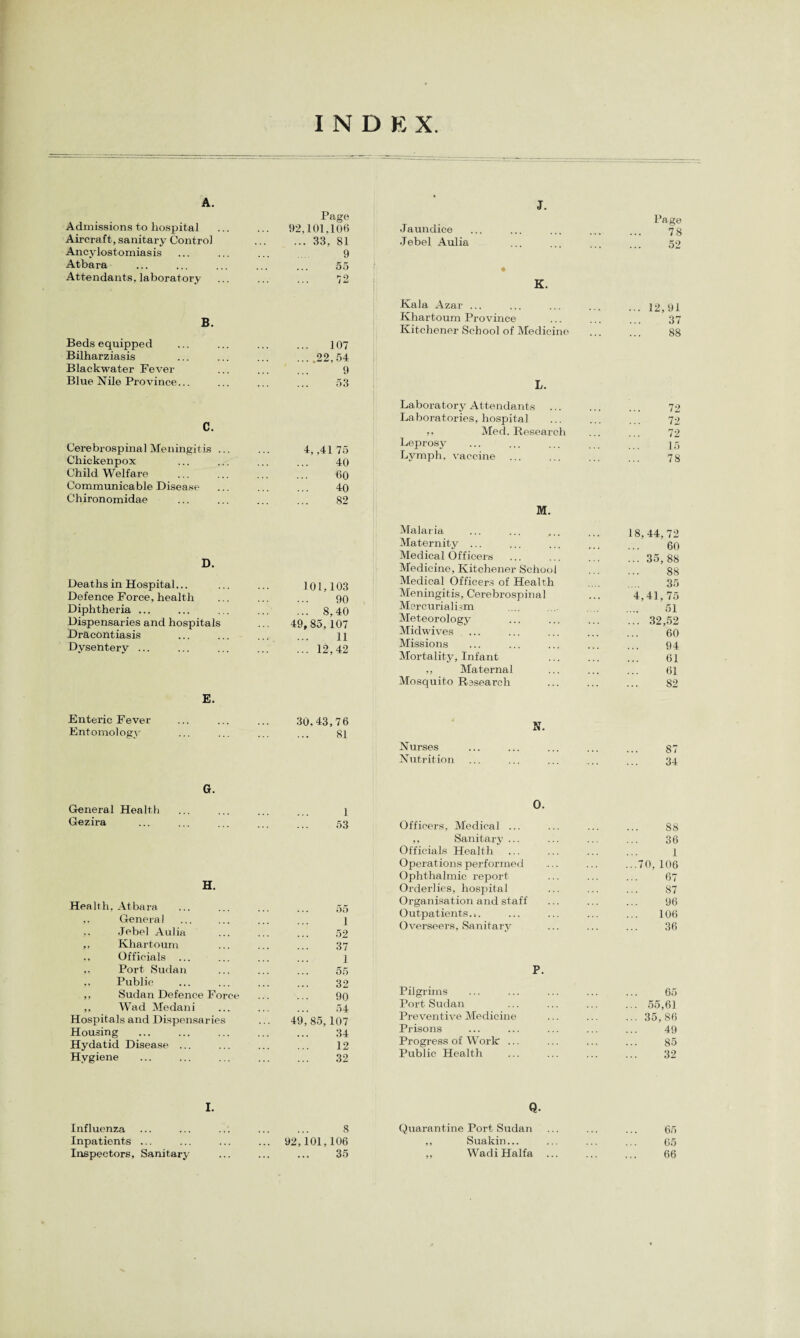 INDEX A. Admissions to hospital Aircraft, sanitary Control Ancylostomiasis Atbara Attendants, laboratory B. Beds equipped Bilharziasis Blackwater Fever Blue Nile Province... C. Cerebrospinal Meningitis Chickenpox Child Welfare Communicable Disease Chironomidae D. Deaths in Hospital... Defence Force, health Diphtheria ... Dispensaries and hospitals Dracontiasis Dysentery ... E. Enteric Fever Entomology Page 92,101,106 ... 33. 81 9 55 107 .22,54 9 53 4, ,41 75 40 60 40 82 101.103 90 ... 8.40 49,85.107 11 ... 12,42 J. Jaundice Jebel Aulia K. Kala Azar ... Khartoum Province Kitchener School of Medicine L. Laboratory Attendants Laboratories, hospital ,, Med. Research Leprosy Lymph, vaccine ... M. Malaria Maternity ... Medical Officers Medicine, Kitchener School Medical Officers of Health Meningitis, Cerebrospinal Mercurialism Meteorology Midwives Missions Mortality, Infant ,, Maternal Mosquito Research 30.43,76 81 Nurses Nutrition N. G. General Health Gezira 1 53 H. Hea 1th .Atbara 55 ,, General 1 ,. Jebel Aulia 52 ,, Khartoum 37 ., Officials ... 1 ,. Port Sudan 55 ,, Public 32 ,, Sudan Defence Force 90 ,, Wad Medani 54 Hospitals and Dispensaries 49,85,107 Housing 34 Hydatid Disease ... 12 Hygiene 32 0. Officers, Medical ... ,, Sanitary ... Officials Health Operations performed Ophthalmic report Orderlies, hospital Organisation and staff Outpatients.!. Overseers, Sanitary P. Pilgrims Port Sudan Preventive Medicine Prisons Progress of Work: ... Public Health Page 78 52 ... 12,91 37 88 72 72 72 15 78 18.44, 72 60 ... 35,88 88 35 4.41.75 51 ... 32,52 60 94 61 61 82 87 34 88 36 1 ...70, 106 67 87 96 106 36 65 .. 55,61 .. 35,86 49 85 32 I. Q. Influenza . 8 Quarantine Port Sudan 65 Inpatients ... ... 92,101.106 ,, Suakin... 65 Inspectors, Sanitary . 35 „ Wadi Haifa . 66