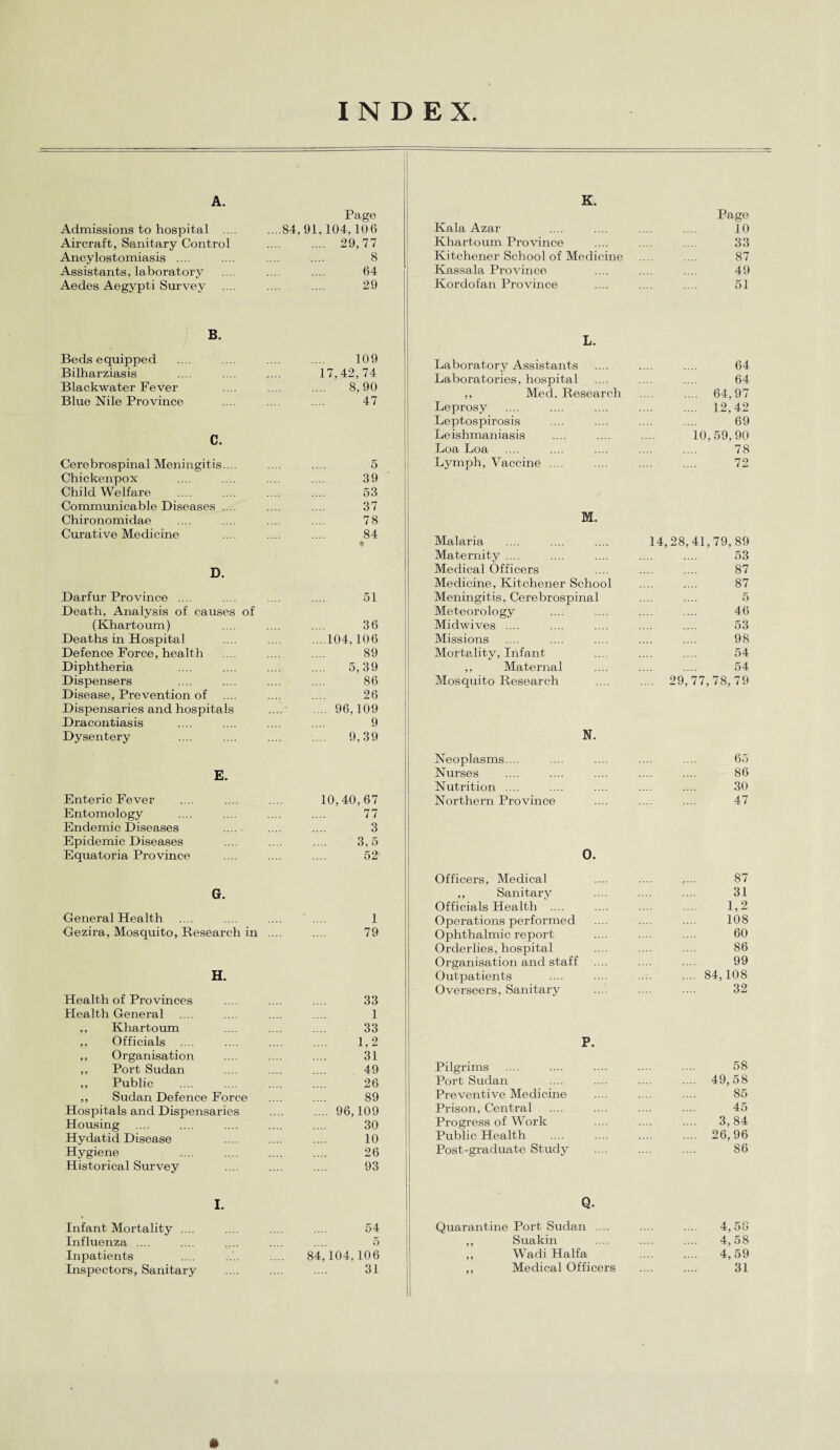 INDEX A. K. Page Kala Azar Page Admissions to hospital .... . ..84, 91,104,106 10 Aircraft, Sanitary Control . 29,77 Khartoum Province . 33 Ancylostomiasis .... . 8 Kitchener School of Medicine . 87 Assistants, laboratory . 64 Kassala Province . 49 Aedes Aegypti Survey . 29 Kordofan Province . 51 B. Beds equipped Bilharziasis Blackwater Fever . 109 17,42,74 . 8,90 L. Laboratory Assistants Laboratories, hospital ,, Med. Research . 64 . 64 64 97 Blue Nile Province . 47 Leprosy . 12,42 Leptospirosis . 69 C. Leishmaniasis 10,59,90 Loa Loa . 78 Cerebrospinal Meningitis.... . 6 Lymph, Vaccine .... . 72 Chickenpox . 39 Child Welfare . . 53 Communicable Diseases .... . 37 M. Chironomidae . 78 Curative Medicine . 84 * Malaria 14,28,41,79,89 Maternity .... . 53 D. Medical Officers . 87 Medicine, Kitchener School . 87 Darfur Province .... . 51 Meningitis, Cerebrospinal . 5 Death, Analysis of causes of Meteorology . 46 (Khartoum) . 36 Midwives .... . 53 Deaths in Hospital .104,106 Missions . 98 Defence Force, health . 89 Mortality, Infant . 54 Diphtheria . 5,39 ,, Maternal . 54 Dispensers . 86 Mosquito Research .... 29,77,78,79 Disease, Prevention of . 26 Dispensaries and hospitals .96,109 Dracontiasis . 9 Dysentery . 9,39 N. Neoplasms.... 65 E. Nurses . 86 Nutrition .... . 30 Enteric Fever 10,40,67 Northern Province . 47 Entomology . 77 Endemic Diseases . 3 Epidemic Diseases . 3,5 Equatoria Province . 52 0. Officers, Medical . 87 G. ,, Sanitary . 31 Officials Health .... . 1,2 General Health 1 Operations performed . 108 Gezira, Mosquito, Research in . 79 Ophthalmic report . 60 Orderlies, hospital . 86 Organisation and staff . 99 H. Outpatients .84,108 Overseers, Sanitary . 32 Health of Provinces . 33 Health General . 1 ,, Khartoum . 33 ,, Officials .... . 1,2 P. ,, Organisation . 31 Pilgrims . 58 Port Sudan . 49 ,, Public . 26 Port Sudan . 49,58 ,, Sudan Defence Force . 89 Preventive Medicine . 85 Hospitals and Dispensaries .96,109 Prison, Central . 45 Housing . 30 Progress of Work _ 3,84 Hydatid Disease . 10 Public Health . 26,96 Hygiene . 26 Post-graduate Study . 86 Historical Survey . 93 I. Q. Infant Mortality .... 54 Quarantine Port Sudan .... . 4,58 Influenza .... 5 ,, Suakin . 4,58 Inpatients 84,104,106 ,, Wadi Haifa . 4,59 Inspectors, Sanitary