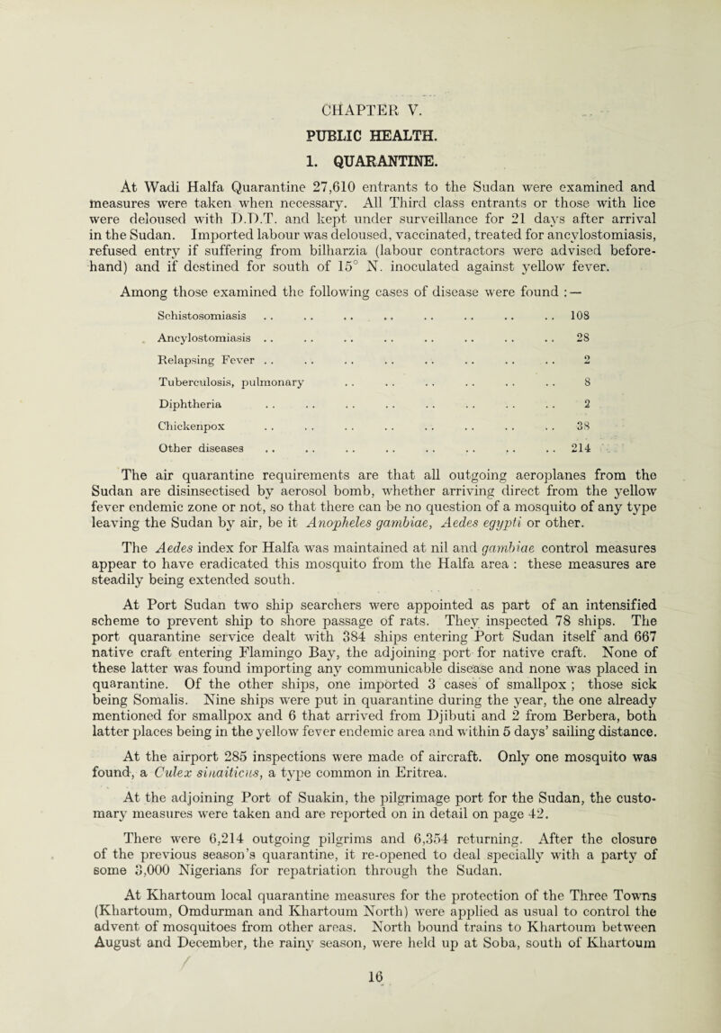 CHAPTER V. PUBLIC HEALTH. 1. QUARANTINE. At Wadi Haifa Quarantine 27,610 entrants to the Sudan were examined and measures were taken when necessary. All Third class entrants or those with lice were deloused with I).TXT. and kept under surveillance for 21 days after arrival in the Sudan. Imported labour was deloused, vaccinated, treated for ancylostomiasis, refused entry if suffering from bilharzia (labour contractors were advised before¬ hand) and if destined for south of 15° N. inoculated against yellow fever. Among those examined the following cases of disease were found : — Schistosomiasis . . . . . . .. . . . . . . 108 Ancylostomiasis .. . . . . . . .. .. . . . . 28 Relapsing Fever . . . . . . . . . . .. . . . . 2 Tuberculosis, pulmonary . . . . . . . . . . . . 8 Diphtheria . . . . . . . . . . . . . . . . 2 Chickenpox . . . . . . . . . . . . . . . . 38 Other diseases .. .. .. .. .. .. .. .. 214 The air quarantine requirements are that all outgoing aeroplanes from the Sudan are disinsectised by aerosol bomb, whether arriving direct from the yellow fever endemic zone or not, so that there can be no question of a mosquito of any type leaving the Sudan by air, be it Anopheles gambiae, Aedes egypti or other. The Aedes index for Haifa was maintained at nil and gambiae control measures appear to have eradicated this mosquito from the Haifa area : these measures are steadily being extended south. At Port Sudan two ship searchers were appointed as part of an intensified scheme to prevent ship to shore passage of rats. They inspected 78 ships. The port quarantine service dealt with 384 ships entering Port Sudan itself and 667 native craft entering Flamingo Bay, the adjoining port for native craft. None of these latter was found importing any communicable disease and none was placed in quarantine. Of the other ships, one imported 3 cases of smallpox ; those sick being Somalis. Nine ships were put in quarantine during the year, the one already mentioned for smallpox and 6 that arrived from Djibuti and 2 from Berbera, both latter places being in the yellow fever endemic area and within 5 days’ sailing distance. At the airport 285 inspections were made of aircraft. Only one mosquito was found, a Culex siuaitiais, a type common in Eritrea. At the adjoining Port of Suakin, the pilgrimage port for the Sudan, the custo¬ mary measures were taken and are reported on in detail on page 42. There were 6,214 outgoing pilgrims and 6,354 returning. After the closure of the previous season’s quarantine, it re-opened to deal specially with a party of some 3,000 Nigerians for repatriation through the Sudan. At Khartoum local quarantine measures for the protection of the Three Towns (Khartoum, Omdurman and Khartoum North) were applied as usual to control the advent of mosquitoes from other areas. North bound trains to Khartoum between August and December, the rainy season, were held up at Soba, south of Khartoum