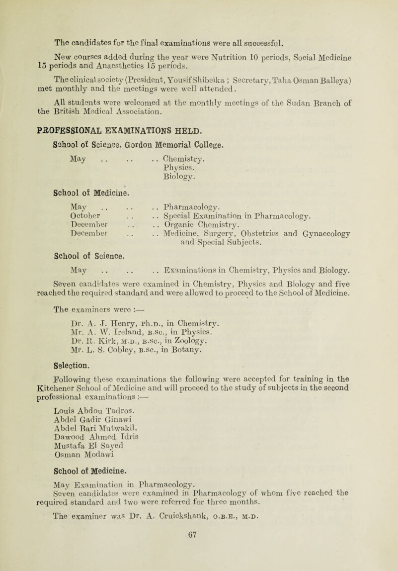 The candidates for the final examinations were all successful. New courses added during the year were Nutrition 10 periods, Social Medicine 15 periods and Anaesthetics 15 periods. The clinical society (President, Yousif Shibeika ; Secretary, Taha Osman Balleya) met monthly and the meetings were well attended. All students were welcomed at the monthly meetings of the Sudan Branch of the British Medical Association. PROFESSIONAL EXAMINATIONS HELD. School of Science, Gordon Memorial College. May . . . . . . Chemistry. Physics. Biology. School of Medicine. May October December December School of Science. May . . Pharmacology. . . Special Examination in Pharmacology. . . Organic Chemistry. . . Medicine, Surgery, Obstetrics and Gynaecology and Special Subjects. . . Examinations in Chemistry, Physics and Biology. Seven candidates were examined in Chemistry, Physics and Biology and five reached the required standard and were allowed to proceed to the School of Medicine. Th e examiners were :— Dr. A. J. Henry, Ph.D., in Chemistry. Mr. A. W. Ireland, b.Sc., in Physics. Dr. It. Kirk, m.d., b.Sc., in Zoology. Mr. L. S. Cobley, b.Sc., in Botany. Selection. Following these examinations the following were accepted for training in the Kitchener School of Medicine and will proceed to the study of subjects in the second professional examinations :— Louis Abdou Tadros. Abdel Gadir Ginawi Abdel Bari Mutwakil. Dawood Ahmed Idris Mustafa El Sayed Osman Modawi School of Medicine. May Examination in Pharmacology. Seven candidates were examined in Pharmacology of whom five reached the required standard and two were referred for three months. The examiner was Dr. A. Cruickshank, o.b.e., m.d.