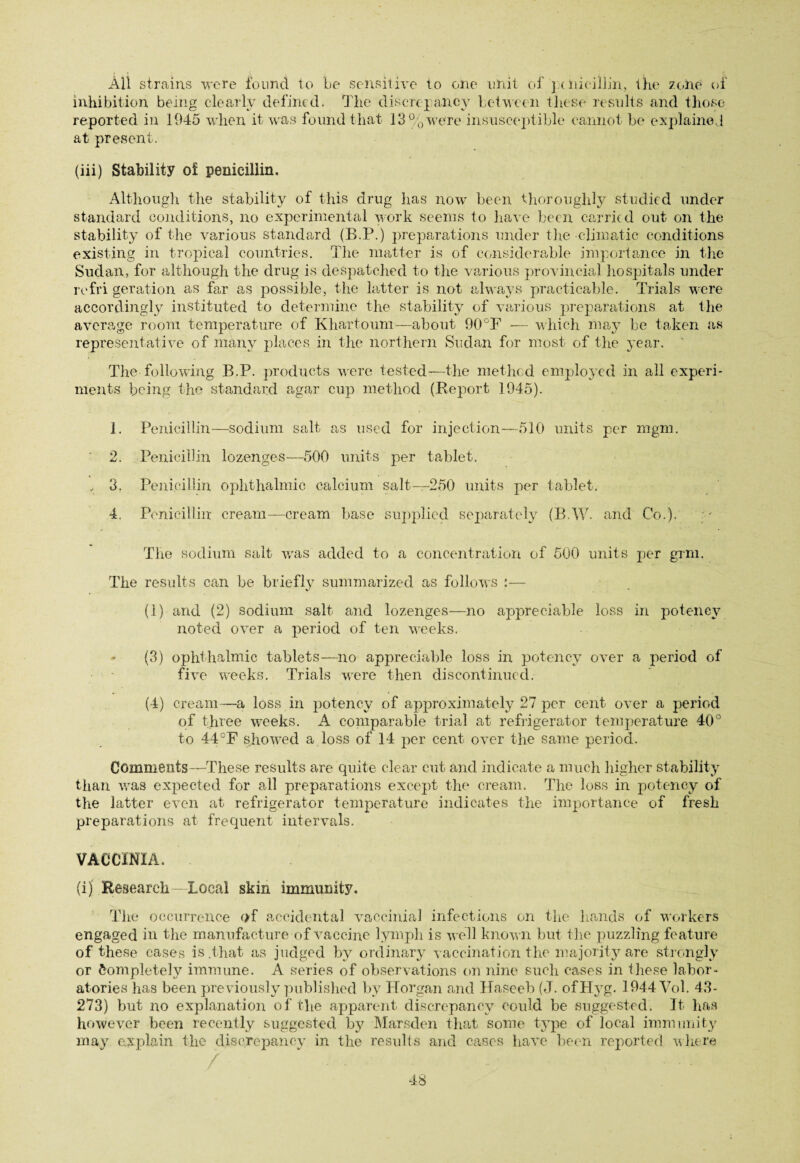 All strains were found to be sensitive to one unit of penicillin, the zone of inhibition being clearly defined. The discrepancy between these results and those, reported in 1945 when it was found that 13% were insusceptible cannot be explained at present. (iii) Stability of penicillin. Although the stability of this drug has now been thoroughly studied under standard conditions, no experimental work seems to have been carried out on the stability of the various standard (B.P.) preparations under the climatic conditions existing in tropical countries. The matter is of considerable importance in the Sudan, for although the drug is despatched to the various provincial hospitals under refrigeration as far as possible, the latter is not always practicable. Trials were accordingly instituted to determine the stability of various preparations at the average room temperature of Khartoum—about 90 °F — which may be taken as representative of many places in the northern Sudan for most of the year. ' The following B.P. products were tested—the method employed in all experi¬ ments being the standard agar cup method (Report 1945). 1. Penicillin—-sodium salt as used for injection—510 units per mgm. 2. Penicillin lozenges—500 units per tablet. , 3. Penicillin ophthalmic calcium salt—250 units per tablet. 4. Penicillin cream—cream base supplied separately (B.W. and Co.). y The sodium salt was added to a concentration of 500 units per grm. The results can be briefly summarized as follows :— (1) and (2) sodium salt and lozenges—no appreciable loss in potency noted over a period of ten weeks. (3) ophthalmic tablets—no appreciable loss in potency over a period of five weeks. Trials were then discontinued. (4) cream—a loss in potency of approximately 27 per cent over a period of three weeks. A comparable trial at refrigerator temperature 40° to 44°F showed a loss of 14 per cent over the same period. Comments—These results are quite clear cut and indicate a much higher stability than was expected for all preparations except the cream. The loss in potency of the latter even at refrigerator temperature indicates the importance of fresh preparations at frequent intervals. VACCINIA. (i) Research—Local skin immunity. The occurrence of accidental vaccinia] infections on the hands of workers engaged in the manufacture of vaccine lymph is well known but the puzzling feature of these cases is .that as judged by ordinary vaccination the majority are strongly or Completely immune. A series of observations on nine such cases in these labor¬ atories has been previously published by Horgan and Haseeb (J. ofHyg. 1944 Vol. 43- 273) but no explanation of the apparent discrepancy could be suggested. It has however been recently suggested by Marsden that some type of local immunity may explain the discrepancy in the results and cases have been reported where