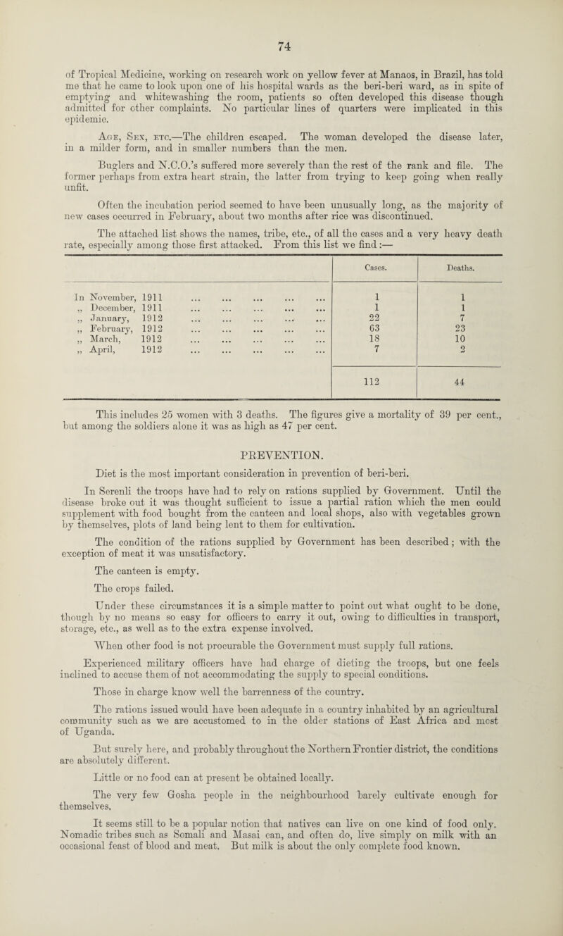 of Tropical Medicine, working on research work on yellow fever at Manaos, in Brazil, has told me that he came to look upon one of his hospital wards as the beri-beri ward, as in spite of emptying and whitewashing the room, patients so often developed this disease though admitted for other complaints. No particular lines of quarters were implicated in this epidemic. Age, Sex, etc.—The children escaped. The woman developed the disease later, in a milder form, and in smaller numbers than the men. Buglers and N.C.O.’s suffered more severely than the rest of the rank and file. The former perhaps from extra heart strain, the latter from trying to keep going when really unfit. Often the incubation period seemed to have been unusually long, as the majority of new cases occurred in February, about two months after rice was discontinued. The attached list shows the names, tribe, etc., of all the cases and a very heavy death rate, especially among those first attacked. From this list we find:— Cases. Deaths. In November, 1911 1 1 ,, December, 1911 1 1 ,, January, 1912 22 7 ,, February, 1912 63 23 ,, March, 1912 18 10 „ April, 1912 7 2 112 44 This includes 25 women with 3 deaths. The figures give a mortality of 39 per cent., but among the soldiers alone it was as high as 47 per cent. PREVENTION. Diet is the most important consideration in prevention of beri-beri. In Serenli the troops have had to rely on rations supplied by Government. Until the disease broke out it was thought sufficient to issue a partial ration which the men could supplement with food bought from the canteen and local shops, also with vegetables grown by themselves, plots of land being lent to them for cultivation. The condition of the rations supplied by Government has been described ; with the exception of meat it was unsatisfactory. The canteen is empty. The crops failed. Under these circumstances it is a simple matter to point ont what ought to be done, though by no means so easy for officers to carry it out, owing to difficulties in transport, storage, etc., as well as to the extra expense involved. When other food is not procurable the Government must supply full rations. Experienced military officers have had charge of dieting the troops, but one feels inclined to accuse them of not accommodating the supply to special conditions. Those in charge know well the barrenness of the country. The rations issued would have been adequate in a country inhabited by an agricultural community such as we are accustomed to in the older stations of East Africa and most of Uganda. But surely here, and probably throughout the Northern Frontier district, the conditions are absolutely different. Little or no food can at present be obtained locally. The very few Gosha people in the neighbourhood barely cultivate enough for themselves. It seems still to be a popular notion that natives can live on one kind of food only. Nomadic tribes such as Somali and Masai can, and often do, live simply on milk with an occasional feast of blood and meat. But milk is about the only complete food known.