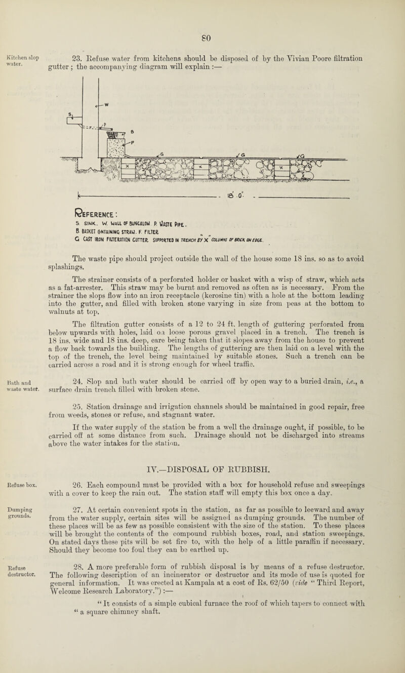Kitchen slop water. Bath and waste water. .Refuse box. Dumping grounds. Refuse destructor. SO 23. Refuse water from kitchens should be disposed of by the Vivian Poore filtration gutter ; the accompanying diagram will explain :— Reference : s. sink. w. wall of buncaiow P. vJASTE Pipe. . B basket g>ntainihg straw, f. filter G CAST IRON FIITERATION CUTTER. SUPPORTED IN TRtHCH By X COLUMNS OF BRICK ON SOUL The waste pipe should project outside the wall of the house some 18 ins. so as to avoid splashings. The strainer consists of a perforated holder or basket with a wisp of straw, which acts as a fat-arrester. This straw may be burnt and removed as often as is necessary. From the strainer the slops flow into an iron receptacle (kerosine tin) with a hole at the bottom leading into the gutter, and filled with broken stone varying in size from peas at the bottom to walnuts at top. The filtration gutter consists of a 12 to 24 ft. length of guttering perforated from below upwards with holes, laid o a loose porous gravel placed in a trench. The trench is 18 ins. wide and 18 ins. deep, care being taken that it slopes away from the house to prevent a flow back towards the building. The lengths of guttering are then laid on a level with the top of the trench, the level being maintained by suitable stones. Such a trench can be carried across a road and it is strong enough for wheel traffic. 24. Slop and bath water should be carried off by open way to a buried drain, i.e., a surface drain trench filled with broken stone. 25. Station drainage and inigation channels should be maintained in good repair, free from weeds, stones or refuse, and stagnant water. If the water supply of the station be from a well the drainage ought, if possible, to be carried off at some distance from such. Drainage should not be discharged into streams above the water intakes for the station. IV.—DISPOSAL OF RUBBISH. 26. Each compound must be provided with a box for household refuse and sweepings with a cover to keep the rain out. The station staff will empty this box once a day. 27. At certain convenient spots in the station, as far as possible to leeward and away from the water supply, certain sites will be assigned as dumping grounds. The number of these places will be as few as possible consistent with the size of the station. To these places will be brought the contents of the compound rubbish boxes, road, and station sweepings. On stated days these pits will be set fire to, with the help of a little paraffin if necessary. Should they become too foul they can be earthed up. 28. A more preferable form of rubbish disposal is by means of a refuse destructor. The following description of an incinerator or destructor and its mode of use is quoted for general information. It was erected at Kampala at a cost of Rs. 62/50 (vide “ Third Report, Welcome Research Laboratory.”):— I “ It consists of a simple cubical furnace the roof of which tapers to connect with “ a square chimney shaft.