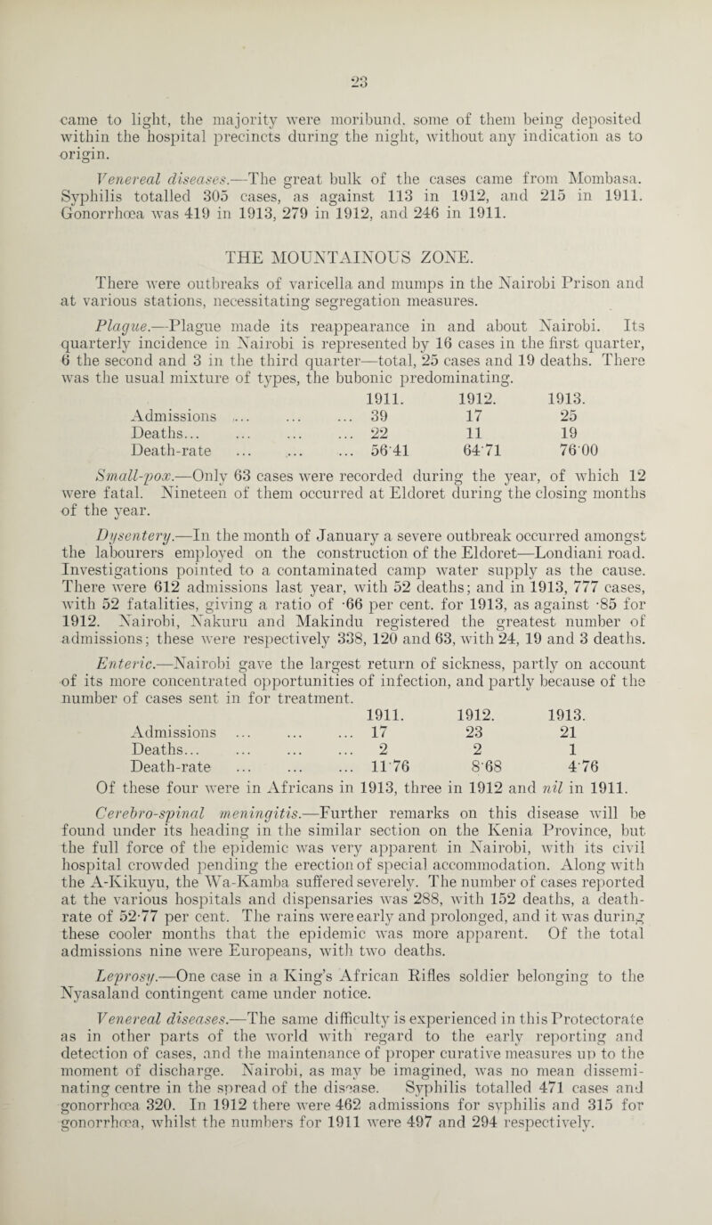 came to light, the majority were moribund, some of them being deposited within the hospital precincts during the night, without any indication as to origin. Venereal diseases.—The great bulk of the cases came from Mombasa. Syphilis totalled 305 cases, as against 113 in 1912, and 215 in 1911. Gonorrhoea was 419 in 1913, 279 in 1912, and 246 in 1911. THE MOUNTAINOUS ZONE. There were outbreaks of varicella and mumps in the Nairobi Prison and at various stations, necessitating segregation measures. Plague.—Plague made its reappearance in and about Nairobi. Its quarterly incidence in Nairobi is represented by 16 cases in the first quarter, 6 the second and 3 in the third quarter—total, 25 cases and 19 deaths. There was the usual mixture of types, the bubonic predominating. 1911. 1912. 1913. Admissions ,... ... ... 39 17 25 Deaths... • • • ... 22 11 19 Death-rate ... 5641 6471 76 00 Small-pox.—Only 63 cases were recorded during the year, of which 12 were fatal. Nineteen of them occurred at Eldoret during the closing months of the year. Dysentery.—In the month of January a severe outbreak occurred amongst the labourers employed on the construction of the Eldoret—Londiani road. Investigations pointed to a contaminated camp water supply as the cause. There were 612 admissions last year, with 52 deaths; and in 1913, 777 cases, with 52 fatalities, giving a ratio of -66 per cent, for 1913, as against -85 for 1912. Nairobi, Nakuru and Makindu registered the greatest number of admissions; these were respectively 338, 120 and 63, with 24, 19 and 3 deaths. Enteric.—Nairobi gave the largest return of sickness, partly on account of its more concentrated opportunities of infection, and partly because of the number of cases sent in for treatment. 1911. 1912. 1913. Admissions • • • • • • 17 23 21 Deaths... • • • • • • 2 2 1 Death-rate 11 76 8'68 476 Of these four were in Africans in 1913, three in 1912 and nil in 1911. Cerebrospinal meningitis.—Further remarks on this disease will be found under its heading in the similar section on the Kenia Province, but the full force of the epidemic was very apparent in Nairobi, with its civil hospital crowded pending the erection of special accommodation. Along with the A-Kikuyu, the Wa-Kamba suffered severely. The number of cases reported at the various hospitals and dispensaries was 288, with 152 deaths, a death- rate of 52-77 per cent. The rains were early and prolonged, and it was during these cooler months that the epidemic was more apparent. Of the total admissions nine were Europeans, with two deaths. Leprosy.—One case in a King’s African Rifles soldier belonging to the Nyasaland contingent came under notice. Venereal diseases.—The same difficulty is experienced in this Protectorate as in other parts of the world with regard to the early reporting and detection of cases, and the maintenance of proper curative measures up to the moment of discharge. Nairobi, as may be imagined, was no mean dissemi¬ nating centre in the spread of the disease. Syphilis totalled 471 cases and gonorrhoea 320. In 1912 there were 462 admissions for syphilis and 315 for gonorrhoea, whilst the numbers for 1911 were 497 and 294 respectively.