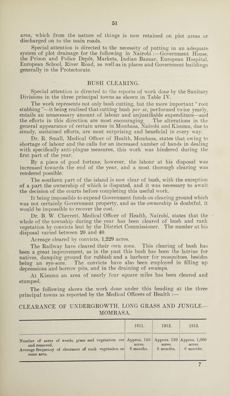 area, which from the nature of things is now retained on plot areas or discharged on to the main roads. Special attention is directed to the necessity of putting in an adequate system of plot drainage for the following in Nairobi :—Government House, the Prison and Police Depot, Markets, Indian Bazaar, European Hospital, European School, River Road, as well as in places and Government buildings generally in the Protectorate. BUSH CLEARING. Special attention is directed to the reports of work done by the Sanitary Divisions in the three principal towns as shown in Table IV. The work represents not only bush cutting, but the more important “ root stubbing ”—it being realised that cutting bush per se, performed twice yearly, entails an unnecessary amount of labour and unjustifiable expenditure—and the efforts in this direction are most encouraging. The alterations in the general appearance of certain areas in Mombasa, Nairobi and Kisumu, due to steady, sustained efforts, are most surprising and beneficial in every way. Dr. R. Small, Medical Officer of Health, Mombasa, states that owing to shortage of labour and the calls for an increased number of hands in dealing with specifically anti-plague measures, this work was hindered during the first part of the year. By a piece of good fortune, however, the labour at his disposal was increased towards the end of the year, and a most thorough clearing was rendered possible. The southern part of the island is now clear of bush, with the exception of a part the ownership of which is disputed, and it was necessary to await the decision of the courts before completing this useful work. It being impossible to expend Government funds on clearing ground which was not certainly Government property, and as the ownership is doubtful, it would be impossible to recover the cost. Dr. B. W. Cherrett, Medical Officer of Health, Nairobi, states that the whole of the township during the year has been cleared of bush and rank vegetation by convicts lent by the District Commissioner. The number at his disposal varied between 20 and 40. Acreage cleared by convicts, 1,229 acres. The Railway have cleared their own zone. This clearing of bush has been a great improvement, as in the past this bush has been the latrine for natives, dumping ground for rubbish and a harbour for mosquitoes, besides being an eye-sore. The convicts have also been employed in filling up depressions and borrow pits, and in the draining of swamps. At Kisumu an area of nearly four square miles has been cleared and stumped. The following shows the work done under this heading at the three principal towns as reported by the Medical Officers of Health :— CLEARANCE OF UNDERGROWTH, LONG GRASS AND JUNGLE- MOMBASA. 1911. 1912. 1913. Number of acres of weeds, grass and vegetation cut and removed. Average frequency of clearance of rank vegetation on same area. Approx. 150 acres. 6 months. Approx. 150 acres. 6 months. Approx. 1,000 acres. 6 months. 7