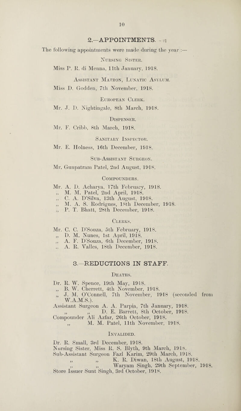 2.—APPOINTMENTS. - is The following appointments were made during the year :— Nursing Sister. Miss P. R. di Menna, 11th January, 1918. Assistant Matron, Lunatic Asylum. Miss D. Godden, 7th November, 1918. European Clerk. Mr. J. D. Nightingale, 8th March, 1918. Dispenser. Mr. F. Cribb, 8th March, 1918. Sanitary Inspector. Mr. E. Holness, 16th December, 1918. Sub-Assistant Surgeon. Mr. Gunpatram Patel, 2nd August, 1918. Compounders. Mr. A. D. Acharya, 17th February, 1918. „ M. M. Patel, 2nd April, 1918. ,, C. A. D’Silva, 13tli August, 1918. ,, M. A. S. Rodrigues, 18th December, 1918. ,, I3. T. Bhatt, 28th December, 1918. Clerks. Mr. C. C. D’Souza, 5th February, 1918. ,, D. M. Nunes, 1st April, 1918. ,, A. F. D’Souza, 6th December, 1918. ,, A. R. Valles, 18th December, 1918. 3.—REDUCTIONS IN STAFF. Deaths. Dr. R. W. Spence, 19th May, 1918. ,, B. W. Cherrett, 4tli November, 1918. „ J. M. O’Connell, 7th November, 1918 (seconded from W.A.M.S.). Assistant Surgeon A. A. Parpia, 7th January, 1918. „ „ D. E. Barrett, 8th October, 1918. Compounder Ali Azfar, 26tli October, 1918. ,, M. M. Patel, lltli November, 1918. Invalided. Dr. R. Small, 3rd December, 1918. Nursing Sister, Miss R. S. Blytli, 9th March, 191». Sub-Assistant Surgeon Fazl Karim, 29th March, 1918. „ „ K. R. Diwan, 18th August, 1918. ,, ,, Waryam Singh, 29th September, 1918. Store Issuer Sunt Singh, 3rd October, 1918.