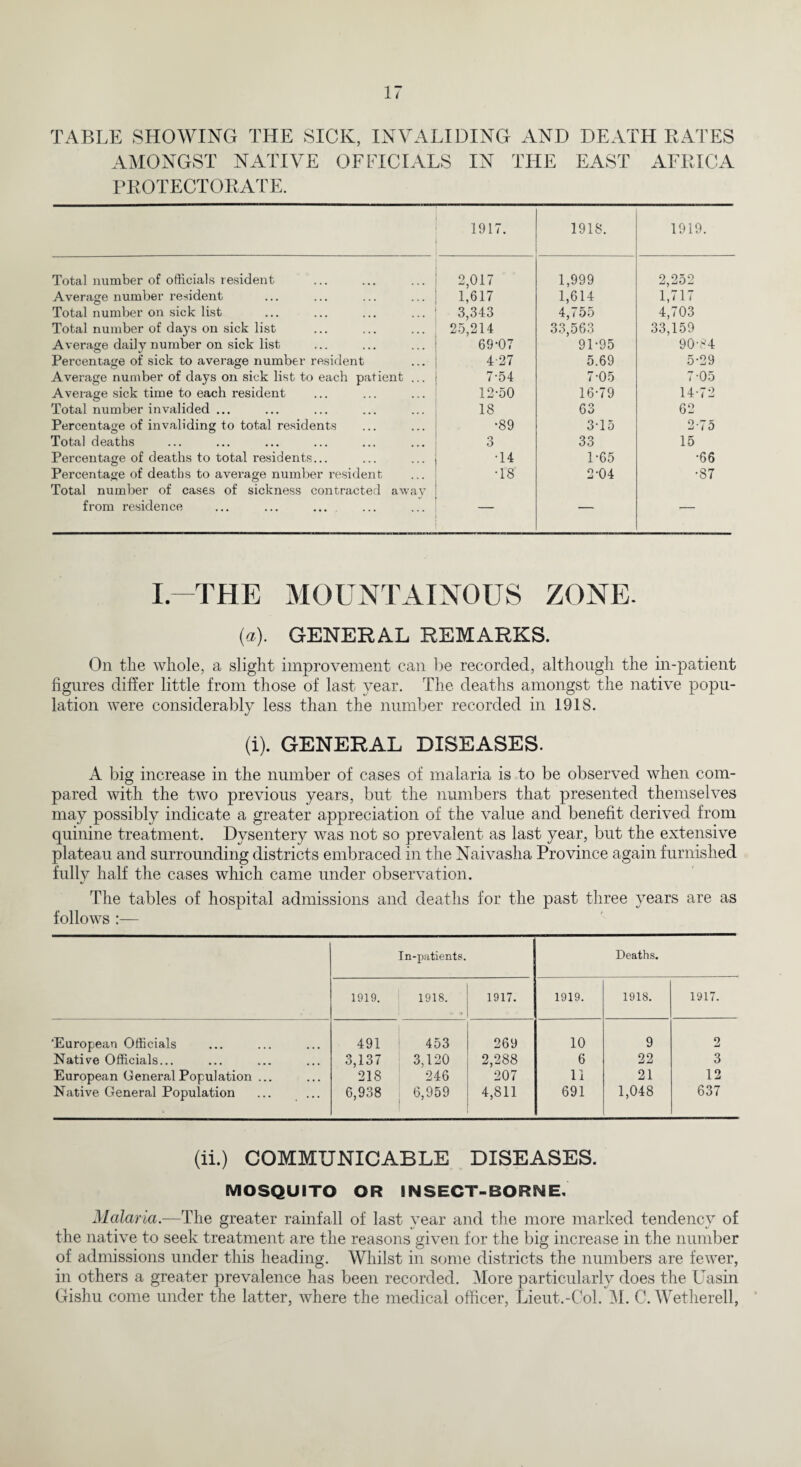 TABLE SHOWING THE SICK, INVALIDING AND DEATH BATES AMONGST NATIVE OFFICIALS IN THE EAST AFRICA PROTECTORATE. 1917. 1918. 1919. Total number of officials resident 2,017 1,999 2,252 Average number resident 1,617 1,614 1,717 Total number on sick list 3,343 4,755 4,703 Total number of days on sick list 25,214 33,563 33,159 Average daily number on sick list 69-07 91-95 90-84 Percentage of sick to average number resident 4-27 5.69 5-29 Average number of days on sick list to each patient ... 7-54 7-05 7 05 Average sick time to each resident 12-50 16-79 14-72 Total number invalided ... 18 63 62 Percentage of invaliding to total residents •89 3T5 2-75 Total deaths 3 33 15 Percentage of deaths to total residents... •14 1-65 •66 Percentage of deaths to average number resident Total number of cases of sickness contracted awav •18 2-04 •87 from residence ... ... ... — — — I.—THE MOUNTAINOUS ZONE. (a). GENERAL REMARKS. On tlie whole, a slight improvement can be recorded, although the in-patient figures differ little from those of last year. The deaths amongst the native popu¬ lation were considerably less than the number recorded in 1918. (i). GENERAL DISEASES. A big increase in the number of cases of malaria is to be observed when com¬ pared with the two previous years, but the numbers that presented themselves may possibly indicate a greater appreciation of the value and benefit derived from quinine treatment. Dysentery was not so prevalent as last year, but the extensive plateau and surrounding districts embraced in the Naivasha Province again furnished fully half the cases which came under observation. The tables of hospital admissions and deaths for the past three years are as follows :— In-patients. Deaths. 1919. 1918. 1917. 1919. 1918. 1917. 'European Officials 491 453 269 10 9 2 Native Officials... 3,137 3,120 2,288 6 22 3 European General Population ... 218 246 207 11 21 12 Native General Population 6,938 6,959 4,811 691 1,048 637 (ii.) COMMUNICABLE DISEASES. MOSQUITO OR INSECT-BORNE. Malaria.—The greater rainfall of last year and the more marked tendency of the native to seek treatment are the reasons given for the big increase in the number of admissions under this heading. Whilst in some districts the numbers are fewer, in others a greater prevalence has been recorded. More particularly does the Uasin Gishu come under the latter, where the medical officer, Lieut.-Col. M. C. Wetherell,