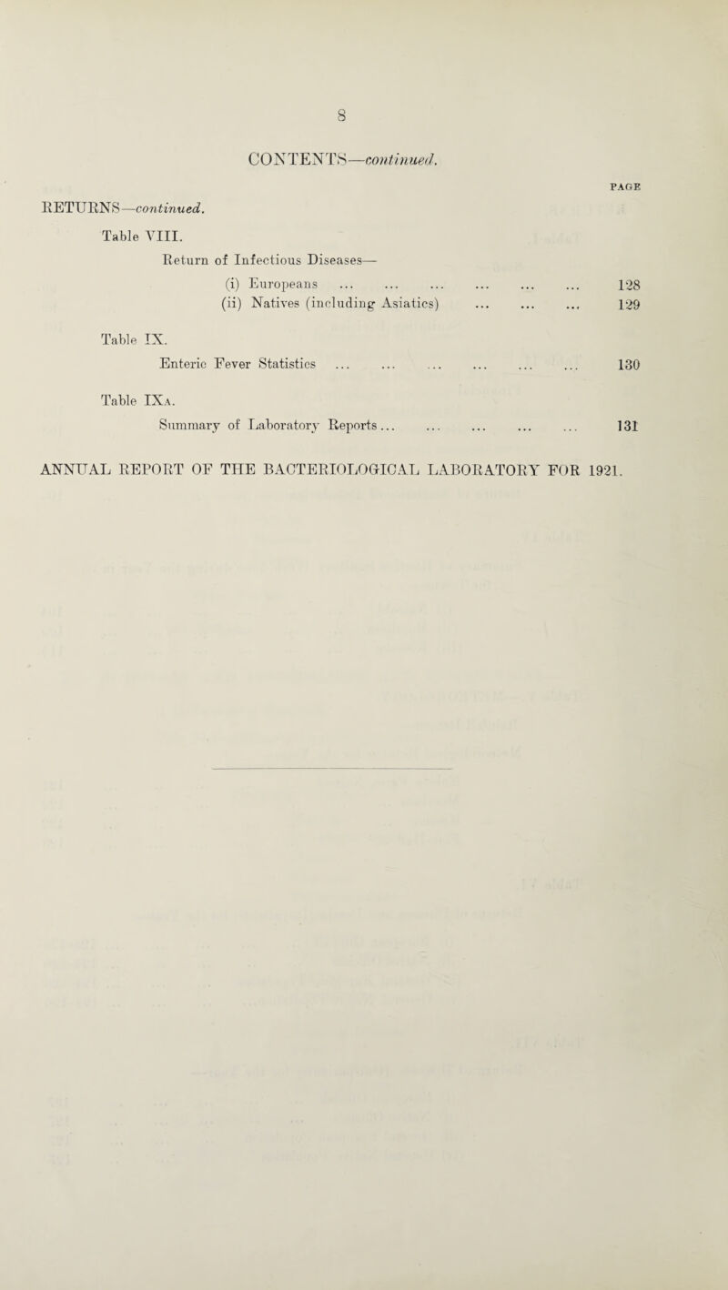 CO N TEN TS—continued. PAGE RETURNS—continued. Table VIII. Return of Infectious Diseases— (i) Europeans ... ... ... ... ... ... 128 (ii) Natives (including- Asiatics) ... ... ... 129 Table IX. Enteric Fever Statistics ... ... ... ... ... ... 130 Table IXa. Summary of Laboratory Reports... ... ... ... ... 131 ANNUAL REPORT OF THE BACTERIOLOGICAL LABORATORY FOR 1921.