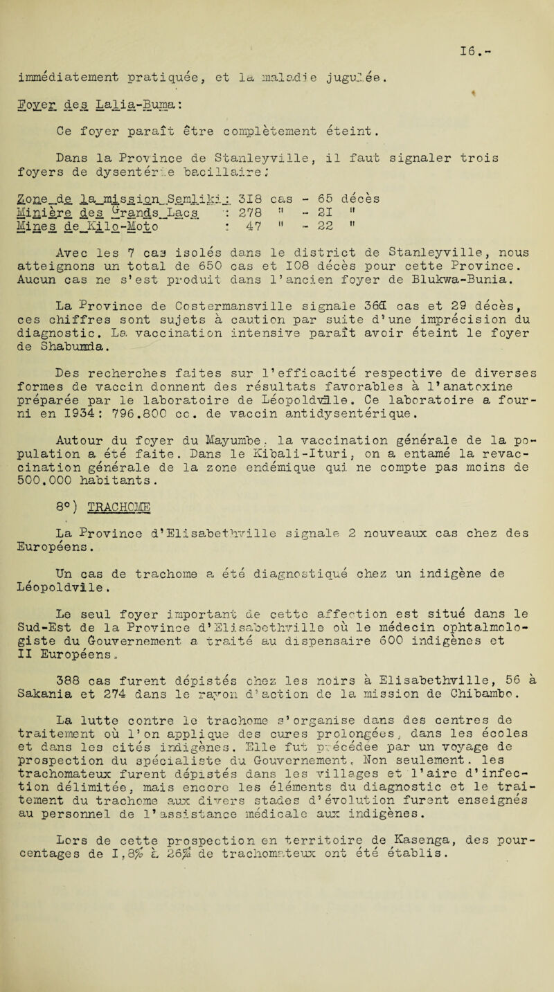 16.- immediatement pratiquee, et let, maladie jugulee. A de_s Lali a-Buma: Ce foyer parait etre completement eteint. Dans la Province de Stanleyville, il faut signaler trois foyers de dysenterie bacillaire; 2Lo£Le_de. l.a_missiip.n„Se.ml,ikip, 318 cas - 65 deces Miniere. des. ifrands_Lacs. •: 278 M - 21 H : 47  - 22  Avec les 7 cas isoles dans le district de Stanleyville, nous atteignons un total de 650 cas et 108 deces pour cette Province. Aucun cas ne s’est produit dans l’ancien foyer de Blukwa-Bunia. La Province de Costermansville signale 36L cas et 29 deces, ces chiffres sont sujets a caution par suite d’une imprecision du diagnostic. La, vaccination intensive parait avoir eteint le foyer de Shabunda. Des recherch.es faites sur l’efficacite respective de diverses formes de vaccin donnent des resultats favorables a l’anatoxine preparee par le laboratoire de Leopoldville. Ce laboratoire a four- ni en 1934: 796.800 cc. de vaccin antidysenterique. Autour du foyer du Mayumbe. la vaccination generale de la po¬ pulation a ete faite. Dans le Kibali-Ituri, on a entame la revac¬ cination generale de la zone endemique qui ne compte pas rnoins de 500.000 habitants. 8°) TRACHOME La Province d’Elisabethville signale 2 nouveaux cas chez des Europeens. Un cas de trachome a ete diagnostique chez un indigene de Leopoldvile . Le seul foyer important de cette affection est situe dans le Sud-Est de la Province d’Elisabethville ou le medecin ophtalmolo- giste du Gouvernement. a traite au dispensaire 600 indigenes et II Europeens, 388 cas furent depistes chez les noirs a Elisabethville, 56 a Sakania et 274 dans le rayon d-action de la mission de Chibambo. La lutte contre le trachome s’organise dans des centres de traitement ou l’on applique des cures prolongees^ dans les ecoles et dans les cites indigenes. Elle fut precedee par un voyage de prospection du specialiste du Gouvernementc Hon seulement. les trachomateux furent depistes dans les villages et I’aire d’infec- tion delimitee, mais encore les elements du diagnostic et le trai¬ tement du trachome aux divers stades d’evolution furent enseignes au personnel de 1’assistance medicale aux indigenes. Lors de cette prospection en territoire de Kasenga, des pour- centages de I,Q% h 26% de trachomateux ont ete etablis.