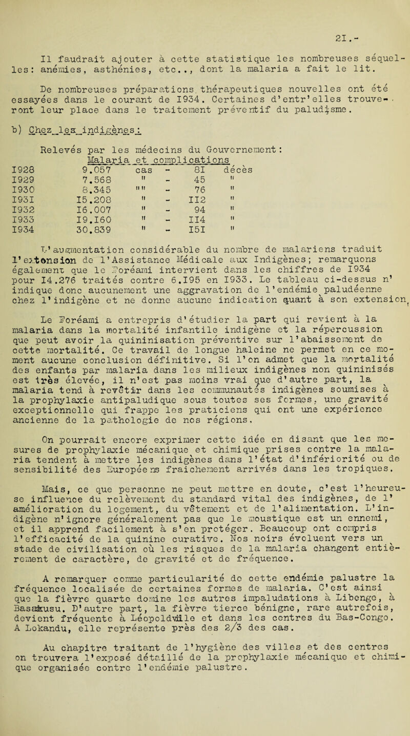 21.- II faudrait ajouter a cette statistique les nombreuses sequel- les: anemies, asthenies, etc.,, dont la malaria a fait le lit. De nombreuses preparations, therapeutiques nouvelles ont ete essayees dans le courant de 1934. Certaines d’entr’elles trouve-• rent leur place dans le traiternent prevent if du paludisme. b) Chez_les_ind_igene,s± Releves par les medecins du Gouvernement: Malaria _ejq complications 1928 9.057 cas 81 deces 1929 7.568 45 ii 1930 8.345 ii ii _ 76 ti 1931 15.208 1 ' n« 112 it 1932 16.007 94 it 1933 19.160 M - 114 ii 1934 30.839 151 ii Tr’ augmentat ion considerable du nombre de malariens traduit 1’extension de 1’Assistance Medicale aux Indigenes; remarquons egalement que le Eoreami intervient dans les chiffres de 1934 pour 14.276 traites contre 6.195 en 1933. Le tableau ci-dessus n’ indique done aucunernent une aggravation de 1 ’ endemie^ paludeenne chez 1*indigene et ne donne aucune indication quant a son extension^ Le Eoreami a entrepris d’etudier la part qui revient a la malaria dans la mortalite infantile indigene et la repercussion que peut avoir la quininisation preventive sur 1 ’ abaissement de cette mortalite. Ce travail de longue haleine ne permet en ce mo¬ ment aucune conclusion definitive. Si l’on admet que la mortalite des enfants par malaria dans les milieux indigenes non quininises est Ires elevee, il n* est pas moins vrai que d’autre part, la malaria tend a revetir dans les communautes indigenes soumises a la prophylaxie antipaludique sous toutes ses formes, une^gravite exceptionnelle qui frappe les praticiens qui ont une experience ancienne de la pathologic de nos regions. On pourrait encore exprimer cette idee en disant que les me- sures de prophylaxie mecanique et chimique prises contre la^mala¬ ria tendent a mettre les indigenes dans l’etat d*inferiorite ou de sensibilite des Europeens fraichement arrives dans les tropiques. Mais, ce que personne ne peut mettre en doute, e’est l’heureu- se influence du relevement du standard vital des indigenes, de 1’ amelioration du logement, du vetement et de 1’alimentation. L’in¬ digene n5ignore generalement pas que le moustique est un ennemi, et il apprend facilement a s’en proteger. Beaucoup ont compris l’efficacite de la quinine curative. Nos noirs evoluent vers un stade de civilisation ou les risques de la malaria changent entie- rernent de caractere, de gravite et de frequence. A remarquer coimae particularite de cette endemic palustre la frequence localisee de certaines formes de malaria. C’est ainsi que la fievre quarto dornine les autres impaludations a Libengo, a Basafeusu. D*autre part, la fievre tierce benigne, rare autrefois, devient frequente a Leopoldviile et dans les centres du Bas-Congo. A Lokandu, elle represente pres des 2/3 des cas. Au chapitre traitant de 1*hygiene des villes et des centres on trouvera 1*expose detaille de la prophylaxie mecanique et chimi¬ que organises contre l’endemie palustre.