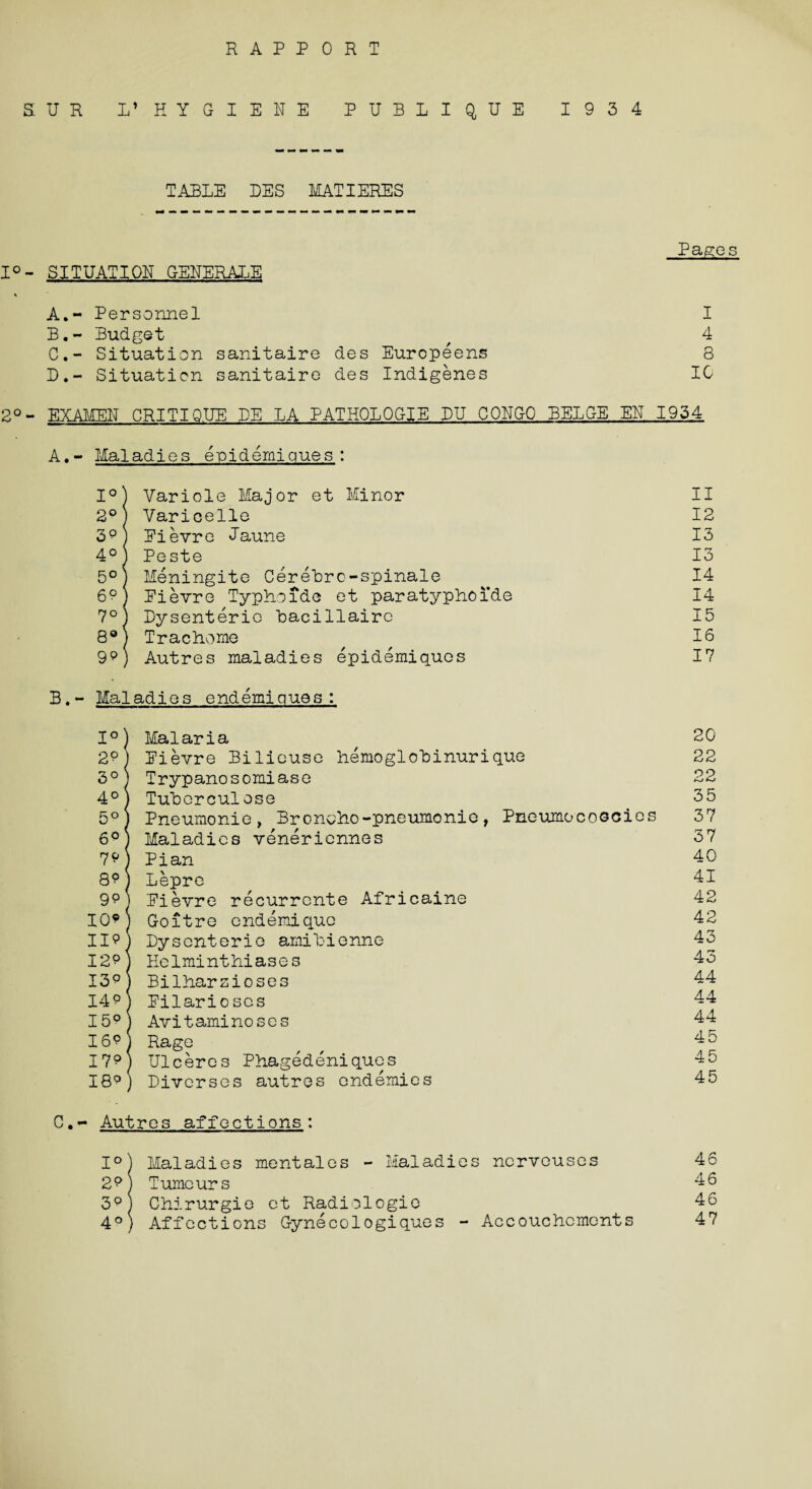 RAPPORT SUR L’ HYGIENE PUBLIQUE 1934 TABLE DES MATIERES Pages I°- SITUATION GENERALE * A. ~ Personnel I B. - Budget / 4 C. - Situation sanitaire des Europeens 3 D. - Situation sanitaire des Indigenes 10 2°- EXAMEN CRITIQUE BE LA PATHOLOGIE DU CONGO BELGE EN 1934 A. - Maladies eniderniques : 1°) Variole Major et Minor II 2°) Varicelle 12 3?) Eievre Laune 13 4°) Peste 13 5°) Meningite Cerehrc-spinale 14 6?j Eievre Typhoide et paratyphoi’de 14 7°) Dysenteric Lacillaire 15 8°) Trachome 16 9?) Autres maladies epidemiqucs 17 B. - Maladies endemiques: 1°) Malaria 20 2?) Eievre Bilieuse hemoglohinurique 22 3°) Trypanosomiase 22 4°) Tuberculos© 65 5°) Pneumonic, Broncho-pneumonie, PneumocoGcies 37 6°) Maladies venericnnes 37 7*) Pian 40 8?) Lepre 41 9?) Eievre recurrcnte Africaine 42 IO9) Goitre endemiquc 42 II1? j Dysenteric ami Bienne 43 12?) Helminthiases 43 13?) Bilharzioses 44 14?) Eilarioses 44 15?) Avitaminoses 44 16?) Rage ^ 4o 17?) Ulceres Phagedeniques 45 18?) Divcrses autres endemics 45 C. - Autres affections: 1°) Maladies mentales - Maladies nerveuses 46 2?) Tumours 46 3?j Chirurgie et Radiologic 46 4°) Affections Gynecologiques - Accouchements 47