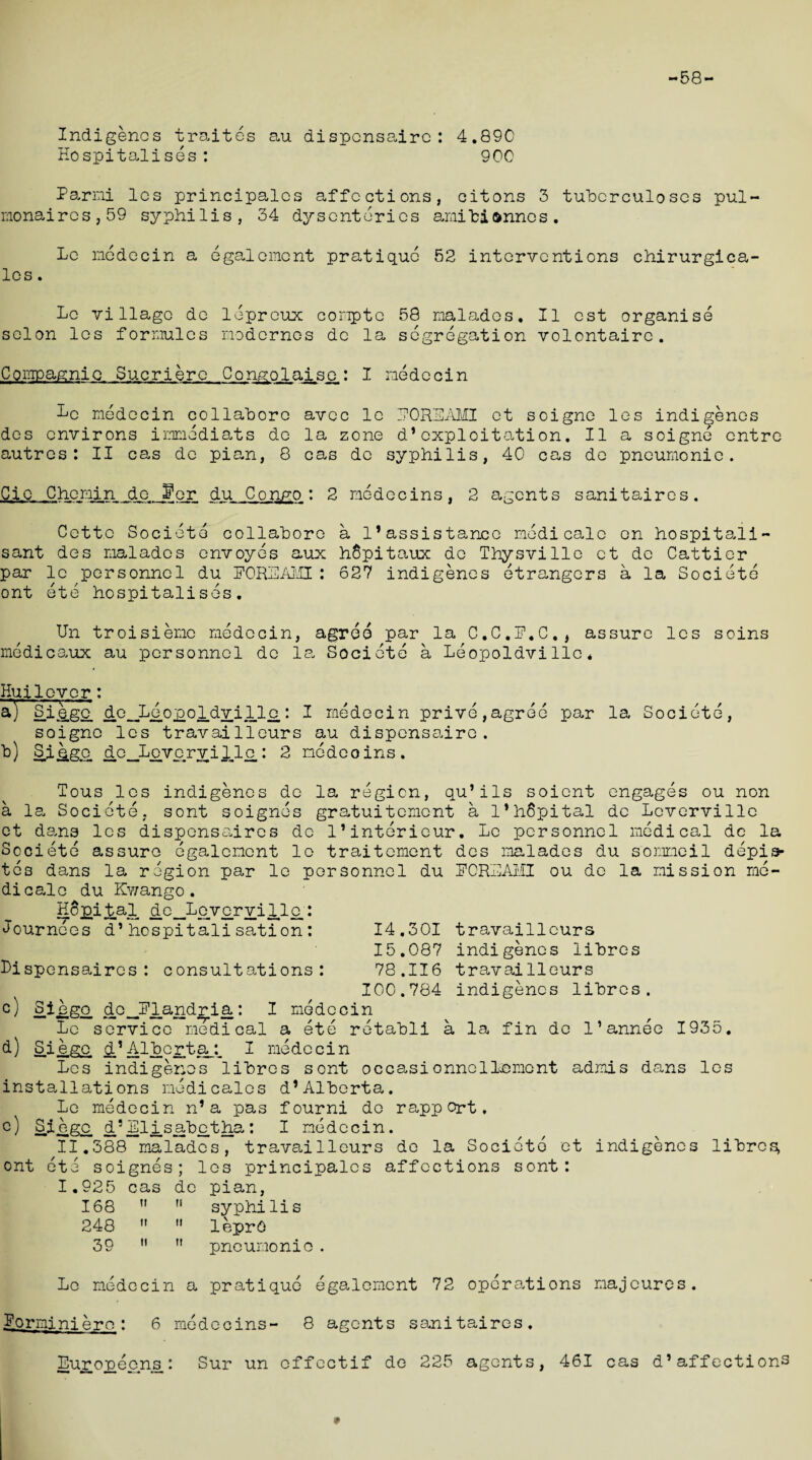 -58- Indigenes traites au dispcnsairc: 4.890 Hospitalises: 900 Parni lcs principalcs affections, citons 3 tuberculoses pul- monaircs,59 syphilis, 34 dysenteries amihi annos. Le medccin a egalemcnt pratique 52 interventions chirurgica- lcs. Le village de lepreux compto 58 naiades. II est organise scion les fornulcs modernes dc la segregation volontaire. Compagnie Sucriere Congolaise: I medccin Le medccin collaborc avee le LOREAMI et soigne les indigenes des environs immediats de la zone d*exploitation. II a soigne entre autres: II cas de pian, 8 cas dc syphilis, 40 cas de pneumonic. Cio Che min do. Ijor du Congo : 2 medecins, 2 agents sanitaires. Cette Societo collaborc a 1’assistance modi calc en hospital!- sant des naiades envoyes aux hSpitaux dc Thysville ct dc Cattier par le personnel du POREAMI: 627 indigenes etrangers a la Societe ont ete hospitalises. tin troisiene medccin, agree par la C.C.P.C., assure les soins medicaux au personnel de la Societe a Leopoldville* Hujlevor: a)  S_i4ge de_Le.opol.dyi 11 o.: I nedocin prive,agree par soigne les travailleurs au dispcnsairc. b) Sipgp. 4c_Leycryi lJLe.: 2 nedeoins. la Societe, Tous les indigenes dc la region, qu’ils soient engages ou non a la Societe. sont soignes gratuitenent a l*h8pital dc Lcverville et ds,ns lcs dispensaires do l’intericur. Le personnel medical de la Societe assure egalemcnt le traitement des naiades du somneil depis¬ tes dans la region par le personnel du POREAMI ou de la mission mo¬ di calc du Kwango. Hojoital_ de_Le.vc.ryilie.: Journees d*hospitalisation: 14,301 travailleurs 15.087 indigenes libres Dispensaires: consultations: 78.116 travailleurs 100.784 indigenes libres. c) dc_Plandria: I medccin Le service medical a ete retabli a la fin dc 11annee 1935. d) Siygc d’Albcrtap I medccin Lcs indigenes libres sont occasionncllemcnt admis dans les installations modi calcs d’Alberta. Le medccin n’a pas fourni do rapport, G) S^jegc d5 Eli.sabc.tha : I medccin. 11.388 maladcs, travailleurs do la Societo et indigenes librc^ ont ete soignes; les principalcs affections sont: 1.925 cas dc pian, 168 u M syphilis 248 n  leprO 39 H n pneumonio. Le medccin a pratique egalemcnt 72 operations majcures. Porminl ere: 6 medecins- 8 agents sanitaires. Europecns: Sur un cffectif de 225 agents, 461 cas d’affections