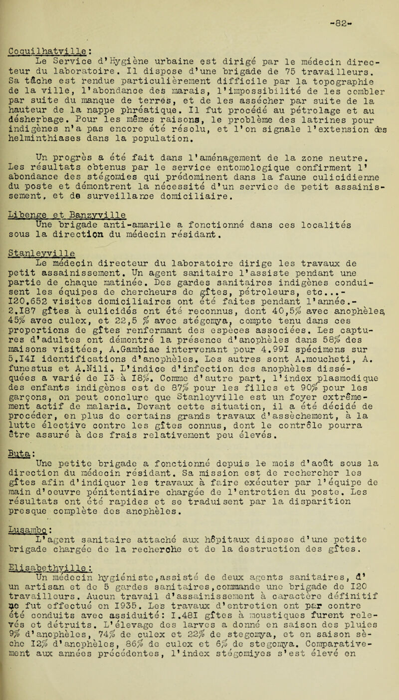-82- Coquilhatvill.e : Le Service d*Hygiene urbaine est dirige par le medecin direc- teur du laboratoire. II dispose d’une ‘brigade de 75 travai lleurs. Sa teiche est rendue particulierement difficile par la topographie de la ville, I’abondance deS marais, 1 * impossibility de les combler par suite du manque de terres, et de les assecher par suite de la hauteur de la nappe phreatique. II fut procede au petrolage et au desherbage. Pour les memes raisons, le probleme des latrines pour indigenes n* a pas encore ete resolu, et l'on signale 1’ extension des helminthiases dans la population. Un progres a ete fait dans 1 *amenagement de la zone neutre. Les resultats obtenus par le service entomologique confirment 1’ abondance des^stegomies qui predominent dans la faune culicidienne du poste et demontrent la necessite d*un service de petit assainis¬ sement, et de surveillance domiciliaire. Ljbenge et Banz.vville Une brigade anti-amarile a fonctionne dans ces localites sous la direction du medecin residant. Stanleyville Le medecin directeur du laboratoire dirige les travaux de petit assainissement. Un agent sanitaire l’assiste pendant une partie de chaque matinee. Des gardes sanitaires indigenes condui- sent les equipes de chercheurs de ^ites, petroleurs, etc...- 120,652 visites domiciliaires ont ete faites pendant I’annee.- 2.187 gites a culicides ont ete reconnus, dont 40,5$ avec anopheles, 45$ avec culex, et 22,5 $ avec stegomya, compte tenu dans ces proportions de gites renfermant des especes associees, Les captu¬ res d’adultes ont demontre la presence d*anopheles dans 58$ des maisons visitees, A.G-ambiae intervenant pour 4.991 specimens sur 5,141 identifications d*anopheles, Les autres sont A.moucheti, A. funestus et A.Dili, L*indice d1infection des anopheles disse- quees a varie de 13 a 18$. Comme d’autre part, 1’index plasmodique - - —— - -- —; pour des enfants les indigenes est de 87$ pour les filles et 90$ gargons, on peut conclure que Stanleyville est un foyer extreme- ment actif de malaria. Levant cette situation, il a ete decide de proceder, en plus de certains grands travaux d1 assechement, a la lutte elective contre les gites connus, dont le controle pourra §tre assure a des frais relativement peu sieves. But a: Une petite brigade a fonctionne depuis 1-e mois d’aout sous la direction du medecin residant. Sa mission est de rechercher les gites afin d’indiquer les travaux a faire executer par I’equipe de main d*oeuvre penitentiaire chargee de l’entretien du poste, Les resultats ont ete rapides et se traduisent par la disparition presque complete des anopheles. Lusambo: L’agent sanitaire attache aux hdpitaux dispose d’une petite brigade cha.rgee de la recherolie et de la destruction des gites. Elisabethville: Un medecin hygieniste,assiste de deux agents sanitaires, d’ un artisan et de 5 gardes sanitaires,commande une brigade de 120 travailleurs. Aucun travail d1assainissement a caractere definitif 30 fut effectue en 1935. Les travaux d'entretien ont par contre ete conduits avec assiduite: 1.481 gites a moustiques furent rele- ves et detruits. L1elevage des larves a donne en saison des pluies 9$ d*anopheles, 74$ de culex et 22$ de stegomya, et en saison se- che 12$ d* anopheles, 86$ de culex et 6$ de stegorjya. Comparative- ment aux annees precedentes, 1’index stegomiyes s’est eleve en