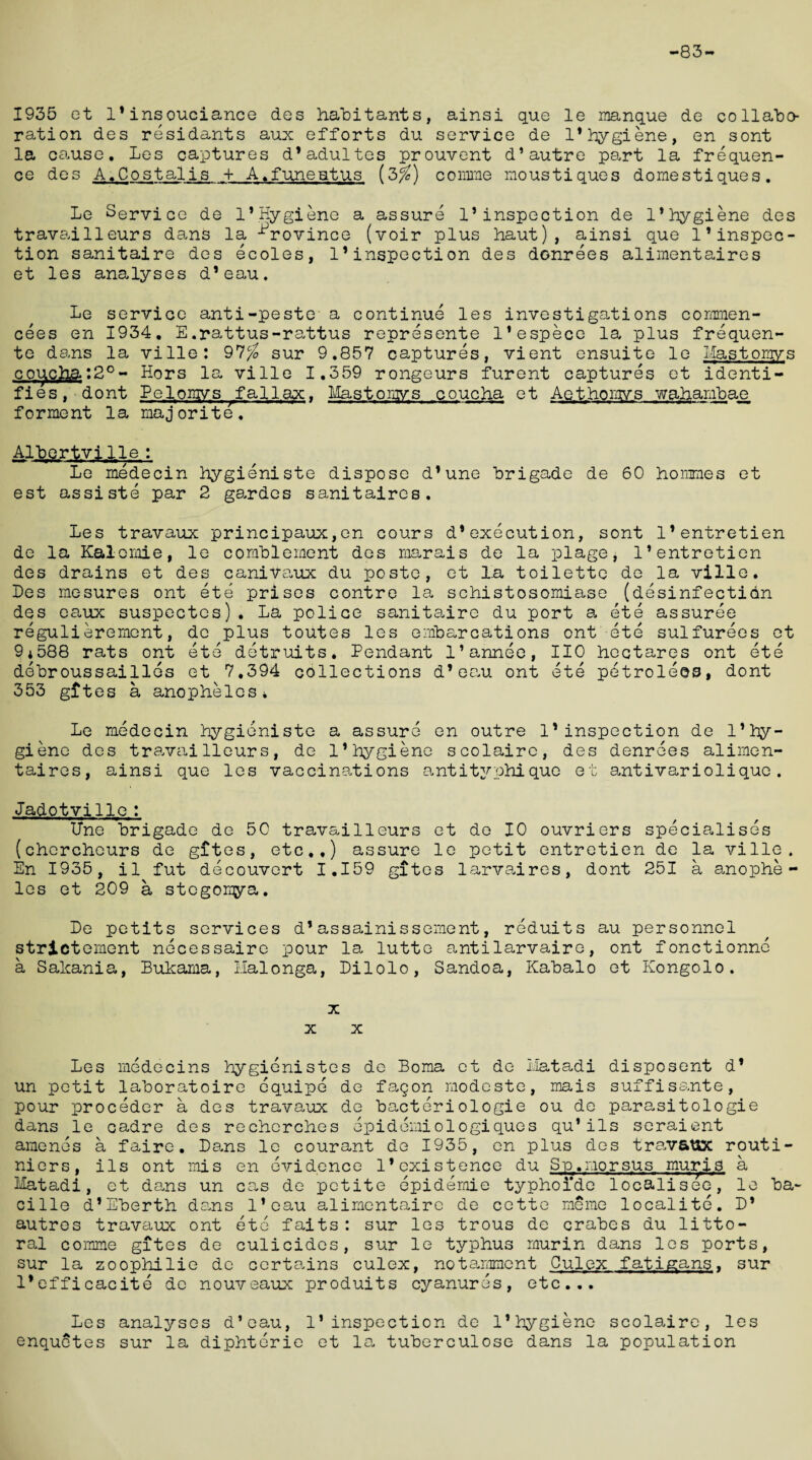 -83 1935 et 1 * insouciance des habitants, ainsi que le manque de collabo¬ ration des residants aux efforts du service de 1*hygiene, en sont la cause. Les captures d’adultes prouvent d*autre part la frequen¬ ce des A.Costalis + A.funeutus (3^) comrne moustiques domestiques. Le Service de 1*Hygiene a assure 1*inspection de 1*hygiene des travailleurs dans la Province (voir plus haut), ainsi que 1*inspec¬ tion sanitaire des ecoles, 1*inspection des donrees alimentaires et les analyses d’eau. Le service anti-peste a continue les investigations commen- cees en 1934. E.rattus-rattus represente l’espece la plus frequen- te dans la ville: 97/£ sur 9.857 captures, vient ensuite le Hast prays coucha :2°- Hors la ville 1.359 rongeurs furent captures et identi¬ fies, dont Peloravs fallax. Mastomvs coucha et Aethorays waharabae ferment la majorite, Albertville: Le medecin hygieniste dispose d’une brigade de 60 hommes et est assiste par 2 ga.rdes sanitaires. Les travaux principaux,en cours d*execution, sont l’entretien de la Kalemie, le corablement des raarais de la plage, l’entretien des drains et des caniVaux du poste, et la toilette de la ville. Les mesures ont ete prises contre la schistosomiase (disinfection des eaux suspectcs). La police sanitaire du port a ete assuree regulierement, de plus toutes les erabarcations ont ete sulfurees et 9*588 rats ont ete detruits. Pendant l’annee, 110 hectares ont ete debroussaillos et 7.394 collections d’eau ont ete petroleos, dont 353 gites a anopheles* Le medecin hygieniste a assure en outre 1’inspection de 1’hy¬ giene des travailleurs, de 1* hygiene scolairc, des denrees alirnen- taires, ainsi que les vaccinations antityphique et antivariolique. Jadotville: ITne brigade de 50 travailleurs et de 10 ouvriers specialises (chcrcheurs de gftes, etc,,) assure le petit entretien de la ville. En 1935, il fut decouvert 1.159 gites larva-ires, dont 251 a anophe¬ les et 209 a stegomya. Le petits services d’assainissement, reduits au personnel strictement necessaire pour la lutte antilarvaire, ont fonctionne a Sakania, Bukama, Halonga, Lilolo, Sandoa, Kabalo et Kongolo. x x x Les medecins hygienistes de Boma et de ilatadi disposent d’ un petit laboratoire equipe de fagon modeste, mais suffisante, pour proceder a des travaux de bacteriologie ou de parasitologie dans le cadre des rechcrches epidemiologiques qu’ils seraient amends a faire. Bans le courant de 1935, en plus des travatoc routi- niers, ils ont mis en evidence 1’existence du Sp.raorsus muri$ a Matadi, et dans un cas de petite epideraie typhofde localisee, le ba~ cille d’Eberth dans l’eau alimentaire de cette raeme localite. L’ autres travaux ont ete faits: sur les trous de crabes du litto¬ ral comme gites de culicides, sur le typhus raurin dans les ports, sur la zoophilie de certains culex, notamment Oulex fatigans. sur l’efficacite de nouveaux produits cyanures, etc... Les analyses d’eau, 1’inspection de 1’hygiene scolaire, les enquetes sur la diphterie et la tuberculose dans la population