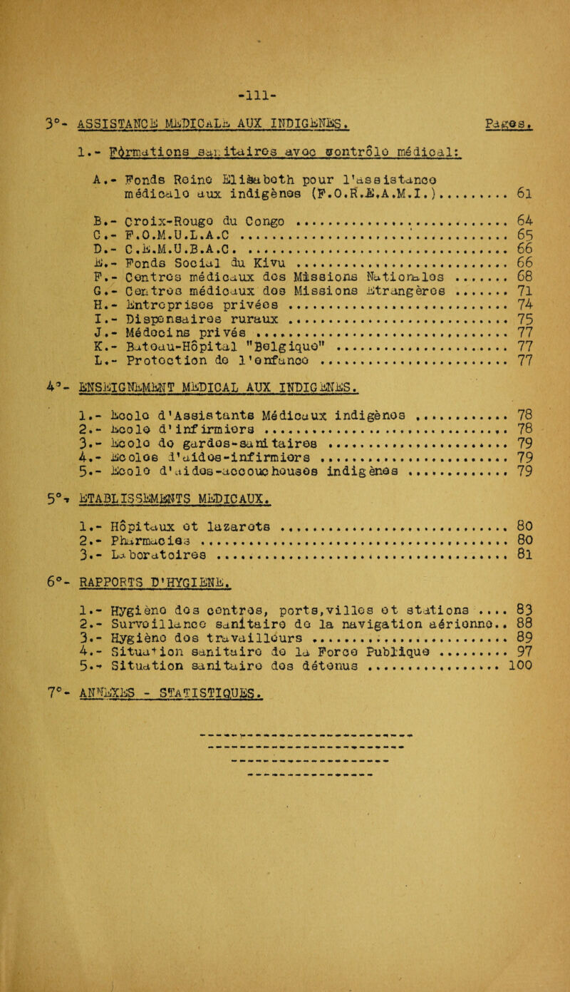 -ill- 3°- ASSISTANCE Mj4PICAL& AUX INPIGfrNBS. Pages, 1.- Fdrmations sai.itaires avoc sontrolo medical: A,- Fonds Roino Elisabeth pour l’assistanco medicalo aux indigenos (F.O.R'.ii.A.M.I.). 6l B.- croix-Rougo du Congo ..... 64 C ♦ — F. 0. M .U.Jj.A.C 65 D.- C.E.M.U.B.A.C. 66 is#,- Fonds Social du Kivu . 66 F*- Centres me&icaux dcs Missions Natiomlos . 68 G. - Centres medioaux dos Missions Strangeroe . 71 H. - Kntreprises privees . 74 I. - Disponed ires ruraux . 75 J. - Medocins prives .. 77 K. - Batodu-Hopital Belgique’* .. 77 L. - Protection do 1’onfunoo . 77 43- ENSKIGNIlMKNT MEDICAL AUX INDIGOS. 1. - Ecolo d’Assistants Medicuux indigenos .. 78 2. - i^colo d* inf irmiors ..... 78 3. - Ecolo do gardes-sanitaires ..... 79 4. - Ecoloe 1* aid os-inf irmiors . 79 5«- Kcolo d‘aidos-aocouchouses indigenos . 79 5°-* ETABLI5SEMBNTS MKDICAUX. 1. - Hopitaux ot lazarets ..... 80 2. - Phurmuclas ...... 80 3. - Laboratoires ... 8l 6°- RAPPORTS D*HYGIENE. 1. - Hygieno dos centres, ports,vilies ot stations .... 83 2. - Survoillance sanitairo do la navigation a^rionno.. 88 3. - Hygieno dos travaillours ....89 4. - Situation sanitairo do la Force Publique . 97 Situation sanitairo dos detenus .. 100 7°- ANNEXES - STaTISTIQUES.