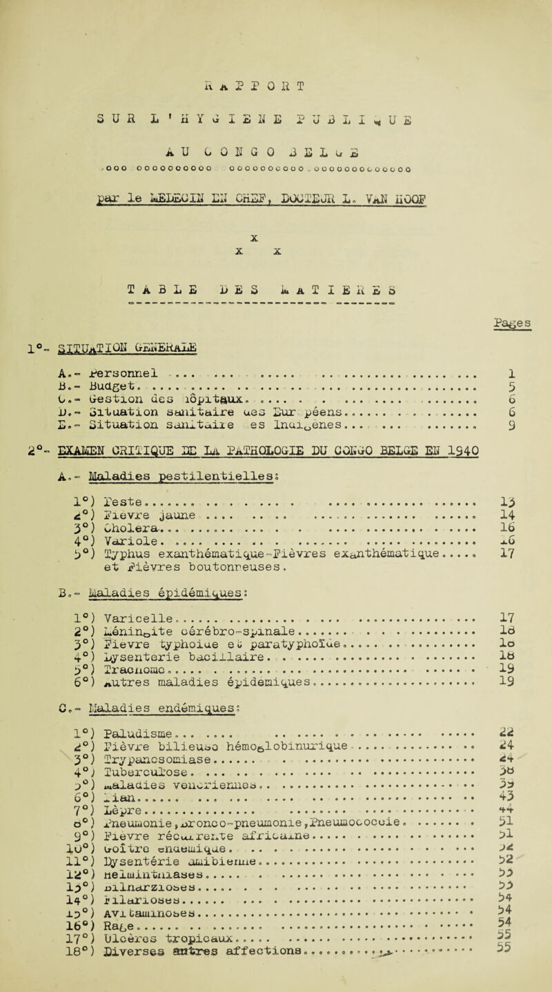 SOB i'HYvJIBHE P 3 0 II , 0 S A U GOUGO GBLuB ,000 OOOOOOOOOO OGOOOOOOOO-GOOOOOOCOOOOQ par le MELEGXL Eh CriEP, POUTSJR L. VaN HOOF X X X TABLE DE3 MaTIERES Pages 1°- SITUATION GELERajuE A«- Personnel ... ... ..... ... 1 Bo- Budget. . .. . 5 Co- Oestion des iopit&ux, .. .. ... 6 I).- Situation sanitaire ees Lur peens. ... 6 E.” Situation sanitaire es lnui0enes».. ... ... 9 2°~ EXAHEN CRITIQUE LE La PaTHOLQGXE DU CQLuQ BELLE EL 1940 A.- Maladies pestilentielless 1°) Testa..... ... .... ... 2°) Pievre jaune .... .. . . ...... .. 14 3°) Cholera... ...... .. 16 4°) Variole. .... .... . . ....... ... mG 3°) Typhus exanthematiq.ua-Pievres exanthematique ... . « 17 at Pievres boutonreuses. B.» Maladies epidemlques; 1° ) Varicelle ...... ..... 2°) Menin0ite oerebro-spmale .... .. 3°) Pievre typhoiue ei; paratyphoid©,.... . . .- 4°) Lysenterie baciliaire. . .... .. 3°) Tracnomc ..... . .... 6°) ^utres maladies epidemlques............... Go- Maladies endamiques; 1°) Paludisme... .... .. .... . • . 2°) Pievre bilieuao hemo&lobinurique. .. 3°) Trypancsomiase .. . 4° J Tuberculose. ..... o°) maladies venoriennes.. ... 6°) *ian...... ... . 7°) Lepre .. ... . o°) Pnevuaonie ?x>ronco-pneumonie ,Pneumoooccie. . 9°) Pievre recuu.rente aTriouxne. 10°) eoitre cnaemique, .. 11°) Lysenterie amibienne0 .. 12°) neiaiintmases. .... . . 13°) £>ilnarzioses. . . .. 14°) iilarioses..... ip°) avj. tauunobea... 16°) Rage...... .. ....... ... 17°) Dloeres tropicaux. . . ... ... 18°) Li verses saat res affeotiona.. .. 17 16 lo lb 19 19 22 24 24 3a 33 43 *f4 31 31 32 33 33 34 34 54 55 55