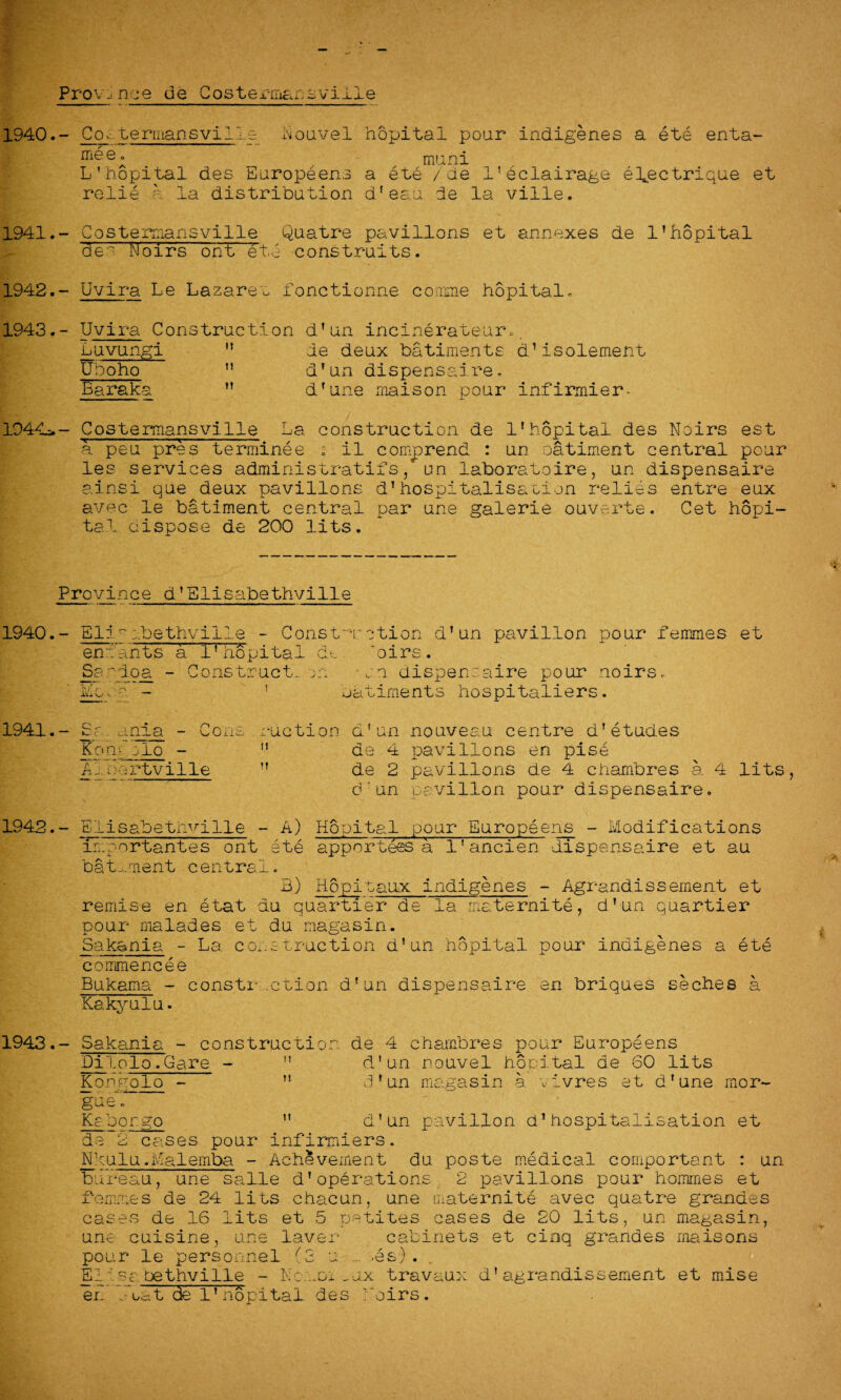 Province de Costermansville 1940.- Comtermansville Louvel hopital pour indigenes a ete enta- mee; muni L’hopital des Europeens a ete /de 1’eclairage efectrique et relie a la distribution d'eau de la ville. 1941.- Gostermansville Quatre pavilions et annexes de 1’hopital dee boirs ont ete construits. 1942.- Uvira Le Lazarev fonctionne comme hopital. 1943.- Uvira Construction d’un incinerateur. it buvungi Uboho Baraka n it de deux batiments ddisolement d1 un dispensed.re. d’une iriaison pour infirmier- 1944>- Costemansville La construction de 1!hopital des Noirs est a peu pres termines ; il comprend : un oatiment central pour les services administratifs, un laboratoire, un dispensaire ainsi que deux pavilions d’hospitalisation relies entre eux avec le batiment central par une galerie ouverte. Cet hopi¬ tal dispose de 200 lits. Province d’Elisabethville 1940. - E11 ° ;,b e thv llle - Construction d’un pavilion pour femmes et entants a 1'hopital dt Toirs. Sandoa - Construct- on -on dispensaire pour noirs. Egos - ’ batiments hospitaliers. 1941. - Sc . ..mia - Cons , ruction d' un nouveau centre d’ etudes Kon> jlo -  de 4 pavilions en pise Albertville ” de 2 pavilions de 4 chambres a 4 lits d’un pavilion pour dispensaire. 1942. - Elisabetnville - A) Hopital pour Europeens - Modifications mportantes ont ete apportees a 1’ancien dispensaire et au bat.,.ment central. 3) Hopitaux indigenes - Agrandissement et remise en etat du quartier de la maternite, d’un quartier pour malad.es et du magasin. Sakania - La construction d’un hopital pour indigenes a ete commencee Bukama - construction d’un dispensaire en briques sechee a Kakyulu. 1943.- Sakania - construction de 4 chambres pour Europeens Dilolo.Gare - ” d'un nouvel hopital de 60 lits Kongolo - ” d’un magasin a vivres et d’une mor¬ gue!' Kg b or. go ” d’un pavilion d ’ hospitalisation et de 2 cases pour infirmiers. Nkulu.Malemba - AchSvement du posts medical comportant : un Toureau, une salle d’operations 2 pavilions pour homines et femmes de 24 lits chacun, une maternite avec quatre grandes cases de 16 lits et 5 patites cases de 20 lits, un magasin, une cuisine, une laver cabinets et cinq grandes maisons pour le personnel (3 a -es) . E11 s a be thv i lie - he...si -u.x travaux d’agrandissement et mise en ota-t de 1’hopital des Loirs.