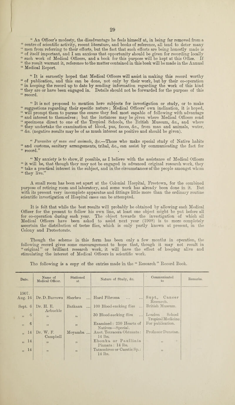 “ An Officer’s modesty, the disadvantage he feels himself at, in being far removed from a “ centre of scientific activity, recent literature, and hooks of reference, all tend to deter many “ men from referring to their efforts, but the fact that such efforts are being honestly made is “ of itself important, and I am anxious that opportunity should be given for recording locally “ such work of Medical Officers, and a book for this purpose will be kept at this Office. If “ the result warrant it, reference to the matter contained in this book will be made in the Annual “ Medical Eeport. “ It is earnestly hoped that Medical Officers will assist in making this record worthy “ of publication, and this can be done, not only by their work, but by their co-operation “ in keeping the record up to date by sending information regarding the work of this kind “ they are or have been engaged in. Details should not be forwarded for the purpose of this “ record. “ It is not proposed to mention here subjects for investigation or study, or to make “ suggestions regarding their specific nature ; Medical Officers’ own inclination, it is hoped, “ will prompt them to pursue the course they feel most capable of following with advantage “ and interest to themselves; but the instances may be given where Medical Officers send “ specimens direct to one of the Tropical Schools, the British Museum, &c., and where “ they undertake the examination of blood, pus, faeces, &c., from man and animals, water, “ &c. (negative results maybe of as much interest as positive and should be given). “ Parasites of man and animals, fyc.—Those who make special study of Native habits “ and customs, sanitary arrangements, tribal, &c., can assist by communicating the fact for “ record.” “ My anxiety is to show, if possible, as I believe with the assistance of Medical Officers “ it will be, that though they may not be engaged in advanced original research work, they “ take a practical interest in the subject, and in the circumstances of the people amongst whom “ they live.” A small room has been set apart at the Colonial Hospital, Freetown, for the combined purpose of retiring room and laboratory, and some work has already been done in it. But with its present very incomplete apparatus and fittings little more than the ordinary routine scientific investigation of Hospital cases can be attempted. It is felt that while the best results will probably be obtained by allowing each Medical Officer for the present to follow his own line, at least one object might be put before all for co-operation during each year. The object towards the investigation of which all Medical Officers have been asked to assist next year (1908) is to more completely ascertain the distribution of tsetse flies, which is only partly known at present, in the Colony and Protectorate. Though the scheme in this form has been only a few months in operation, the following record gives some encouragement to hope that, though it may not result in “ original ” or brilliant research work, it will have the effect of keeping alive and stimulating the interest of Medical Officers in scientific work. Tho following is a copy of the entries made in the “ Research ” Record Book. Date. Name of Medical Officer. Stationed at Nature of Study, &c. Communicated to Remarks. 1907. Aug. 16 Dr. D. Burrows Sherbro Hard Fibroma Supt., Cancer Research. Sept. 6 Dr. H. E. Arbuckle Batkanu ... 100 Blood-sucking flies ... British Museum. „ 6 yy 30 Blood-sucking flies London School Tropical Medicine „ 6 >> yy Examined : 250 Hearts of Natives—Special. For publication. * 14 Dr. W. F. Campbell Moyamba ... Anet. Tetracera Obtusata: 14 lbs. Professor Dunstan. „ 14 yy :y Ebonka or Baullinia Pinnata : 14 lbs. yy » 14 yy yy Tatnookroo or Cuestis Sp.: 14 lbs. yy
