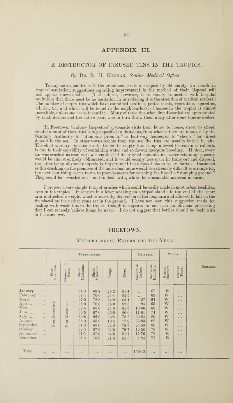 APPENDIX III. A DESTRUCTOR OF DISUSED TINS IN THE TROPICS. By Dr. R. H. Kennan, Senior Medical Officer. To anyone acquainted with the prominent position occupied by old empty tin vessels in tropical sanitation, suggestions regarding improvement in the method of their disposal will not appear unreasonable. (The subject, however, is so closely connected with hospital sanitation that there need be no hesitation in introducing it to the attention of medical readers.) The number of empty tins which have contained sardines, potted meats, vegetables, cigarettes, oil, &c., &c., and which will be found in the neighbourhood of houses in the tropics is almost incredible, unless one has witnessed it. Many of these tins when first discarded are appropriated by small dealers and the native poor, who in turn throw them away after some time as useless. In Freetown, Sanitary Inspectors’ systematic visits from house to house, street to street, result in most of these tins being deposited in dust-bins, from whence they are removed by the Sanitary Authority to “ dumping grounds ” as half-way houses, or to “ shoots ” for direct deposit in the sea. In other towns remote from the sea the tins are usually buried in pits. The chief sanitary objection in the tropics to empty tins being allowed to remain as rubbish, is due to their capability of containing water and so favour mosquito breeding. If, then, every tin was crushed as soon as it was emptied of its original contents, its water-retaining capacity would be almost entirely obliterated, and it would occupy less space in transport and disposal, the latter being obviously especially important if the disposal has to be by burial. Inasmuch as this crushing on the premises of the individual users would be extremely difficult to arrange for, the next best thing seems to me to provide means for crushing the tins at a “ dumping ground.” They could be “ weeded out ” and so dealt with, while the consumable material is burnt. I propose a very simple form of crusher which could be easily made in most urban localities, even in the tropics. It consists in a lever working on a tripod stand ; to the end of the short arm is attached a weight which is raised by depression of the long arm and allowed to fall on the tin placed on the nether stone set in the ground. I have not seen this suggestion made for dealing with waste tins in the tropics, though it appears to me such an obvious proceeding that I can scarcely believe it can be novel. I do not suggest that bottles should be dealt with in the same way. FREETOWN. Meteorological Return for the Year. Temperature. Rainfall. Winds. Remarks. Solar Maximum. Minimum on Grass. Shade Maximum. Shade Minimum. <X> to p A Mean. Amount in Inches. Degree of Humidity. General Direction. Average Force. J anuary 94-0 68-8 25-2 8D4 67 E February 94-4 70-0 24-4 82-5 ... 63 W March 97-0 72-8 24-2 83-4 •27 64 W April ... <D 'Tj <D 95-0 70-0 25-0 82-6 •94 65 w May. 'O 92-4 68-0 24-0 81-6 18-66 68 w •June ... o o O o 90-5 67-0 23-5 80-0 17-61 74 w July. Ph pp 89-8 66-0 23-8 78-2 29-64 80 w August r* PJ 88-0 68-6 19-4 77-8 33-93 82 w September g 91-0 69-0 22-0 78-7 26-58 80 w October 92-0 67-5 24-5 79-7 12-50 76 w November 91*5 67-0 24-5 81T 11-76 72 E December 91-8 70-0 21-8 81-3 1-24 73 E Total . . • • • ... ... 153-13 ... ... ...