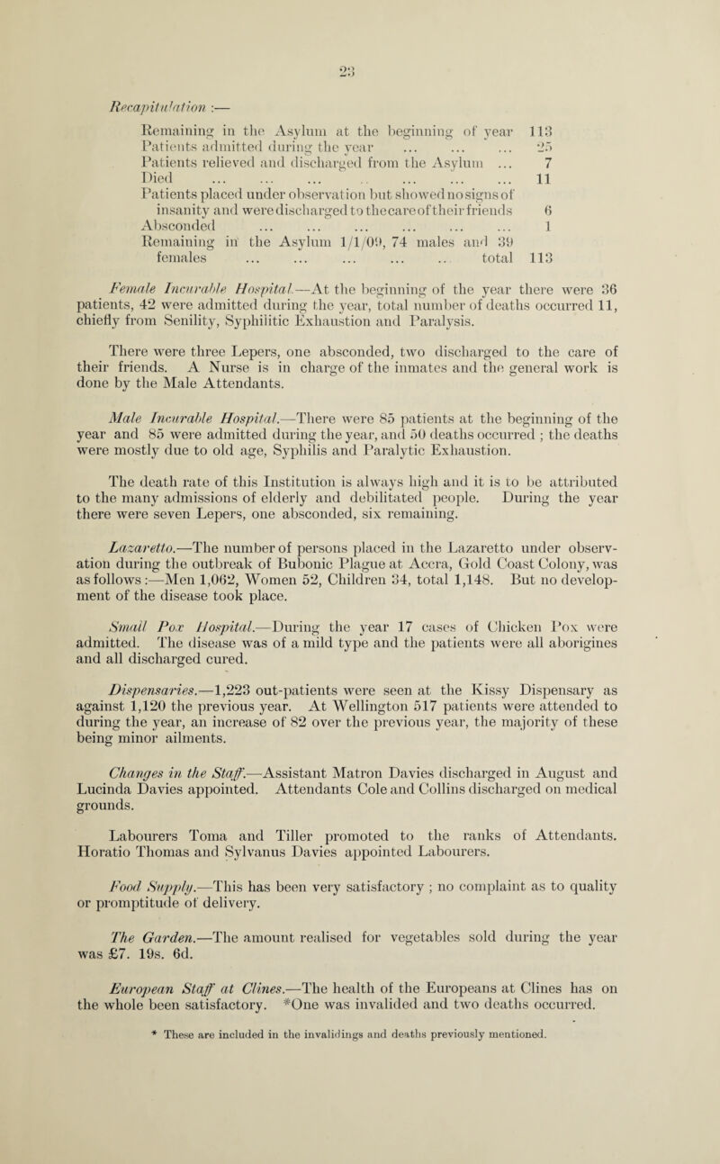 Recapitulation :— Remaining in the Asylum at the beginning of year 113 Patients admitted during the year ... ... ... *25 Patients relieved and discharged from the Asylum ... 7 Pied . . 11 Patients placed under observation but showed no signs of insanity and were discharged to the care of their friends 6 Absconded ... ... ... ... ... ... 1 Remaining in the Asylum 1/1/Oh, 74 males and 30 females ... ... ... ... ... total 113 Female Incurable Hospital.—At the beginning of the year there were 36 patients, 42 were admitted during the year, total number of deaths occurred 11, chiefly from Senility, Syphilitic Exhaustion and Paralysis. There were three Lepers, one absconded, two discharged to the care of their friends. A Nurse is in charge of the inmates and the general work is done by the Male Attendants. Male Incurable Hospital.—There were 85 patients at the beginning of the year and 85 were admitted during the year, and 50 deaths occurred ; the deaths were mostly due to old age, Syphilis and Paralytic Exhaustion. The death rate of this Institution is always high and it is to be attributed to the many admissions of elderly and debilitated people. During the year there were seven Lepers, one absconded, six remaining. Lazaretto.—The number of persons placed in the Lazaretto under observ¬ ation during the outbreak of Bubonic Plague at Accra, Gold Coast Colony, was as follows :—Men 1,062, Women 52, Children 34, total 1,148. But no develop¬ ment of the disease took place. Small Pox Hospital.—During the year 17 cases of Chicken Pox were admitted. The disease was of a mild type and the patients were all aborigines and all discharged cured. Dispensaries.—1,223 out-patients were seen at the Kissy Dispensary as against 1,120 the previous year. At Wellington 517 patients were attended to during the year, an increase of 82 over the previous year, the majority of these being minor ailments. Changes in the Staff.—Assistant Matron Davies discharged in August and Lucinda Davies appointed. Attendants Cole and Collins discharged on medical grounds. Labourers Toma and Tiller promoted to the ranks of Attendants. Horatio Thomas and Sylvanus Davies appointed Labourers. Food Supply.—This has been very satisfactory ; no complaint as to quality or promptitude of delivery. The Garden.—The amount realised for vegetables sold during the year was £7. 19s. 6d. European Staff at Clines.—The health of the Europeans at Clines has on the whole been satisfactory. #One was invalided and two deaths occurred. * These are included in the invalidings and deaths previously mentioned.