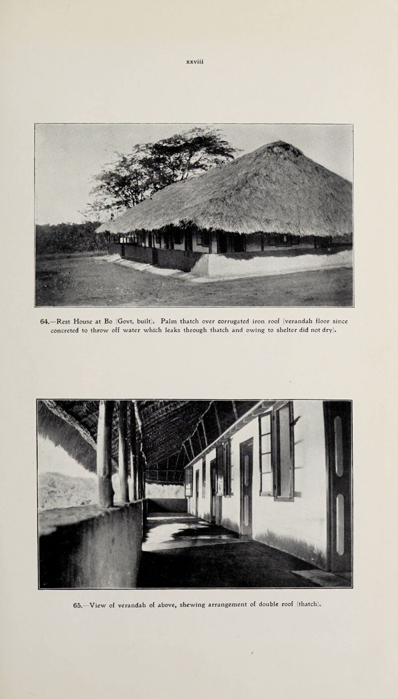 64.—Rest House at Bo (Govt, built). Palm thatch over corrugated iron concreted to throw off water which leaks through thatch and owing roof (verandah floor since to shelter did not dry). 65. View of verandah of above, shewing arrangement of double roof (thatch)