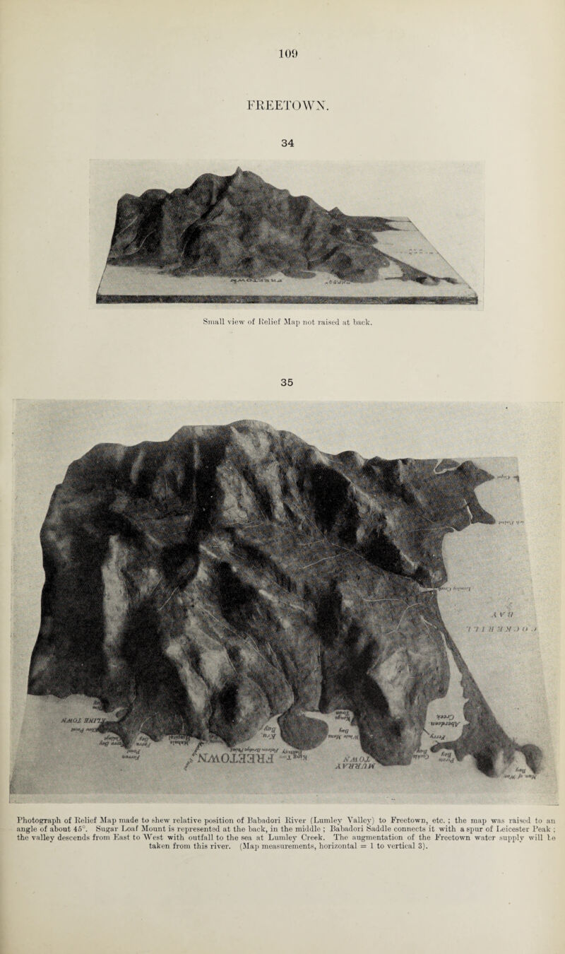 FREETOWN. 34 Small view of Relief Map not raised at back. 35 >»<y n&tBug w*/»/ *•> 1*0 NMOxaand ArAi OX^ a vtninw hmoji mn. /•Off MHfjm *tr fmoj &&W0J Photograph of Relief Map made to shew relative position of Babadori River (Lumley Valley) to Freetown, etc. ; the map was raised to an angle of about 45°. Sugar Loaf Mount is represented at the back, in the middle ; Babadori Saddle connects it with a spur of Leicester Peak ; the valley descends from East to West with outfall to the sea at Lumley Creek. The augmentation of the Freetown water supply will to taken from this river. (Map measurements, horizontal = 1 to vertical 3).