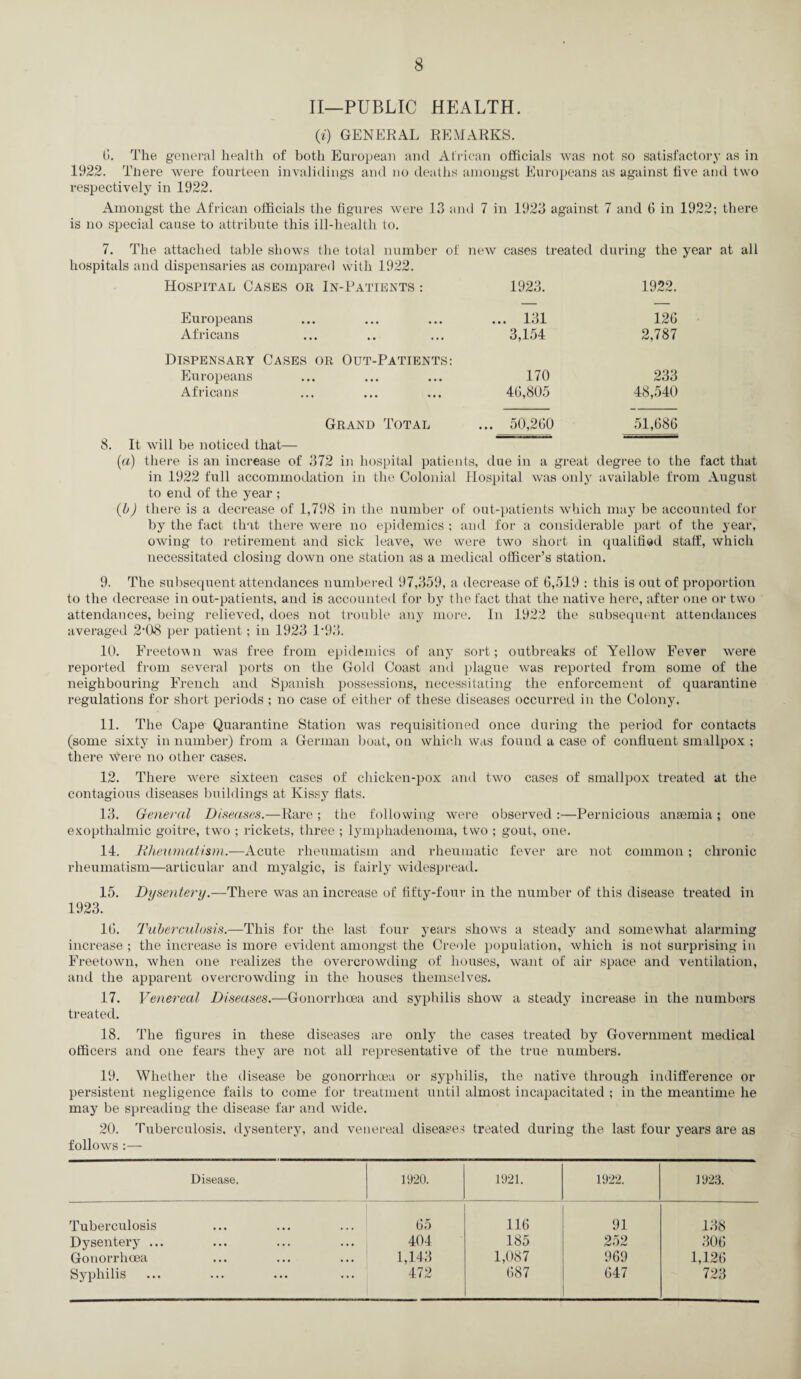 II—PUBLIC HEALTH. (<) GENERAL REMARKS. G. The general health of both European and African officials was not so satisfactory as in 1922. There were fourteen invalidings and no deaths amongst Europeans as against live and two respectively in 1922. Amongst the African officials the figures were 13 and 7 in 1923 against 7 and fi in 1922; there is no special cause to attribute this ill-health to. 7. The attached table shows the total number of new cases treated during the year at all hospitals and dispensaries as compared with 1922. Hospital Cases or In-Patients : 1923. 1922. Europeans ... 131 126 Africans 3,154 2,787 Dispensary Cases or Out-Patients: Europeans 170 233 Africans 46,805 48,540 Grand Total o tO ca iO 51,686 8. It will be noticed that— (ia) there is an increase of 372 in hospital patients, due in a great degree to the fact that in 1922 full accommodation in the Colonial Hospital was only available from August to end of the year ; (b) there is a decrease of 1,798 in the number of out-patients which may be accounted for by the fact that there were no epidemics ; and for a considerable part of the year, owing to retirement and sick leave, we were two short in qualified staff, which necessitated closing down one station as a medical officer’s station. 9. The subsequent attendances numbered 97,359, a decrease of 6,519 : this is out of proportion to the decrease in out-patients, and is accounted for by the fact that the native here, after one or two attendances, being relieved, does not trouble any more. In 1922 the subsequent attendances averaged 2‘08 per patient; in 1923 L93. 10. Freetown was free from epidemics of any sort; outbreaks of Yellow Fever were reported from several ports on the Gold Coast and plague was reported from some of the neighbouring French and Spanish possessions, necessitating the enforcement of quarantine regulations for short periods ; no case of either of these diseases occurred in the Colony. 11. The Cape Quarantine Station was requisitioned once during the period for contacts (some sixty in number) from a German boat, on which was found a case of confluent smallpox ; there were no other cases. 12. There were sixteen cases of chicken-pox and two cases of smallpox treated at the contagious diseases buildings at Kissy flats. 13. General Diseases.—Rare ; the following were observed :—Pernicious anaemia ; one exopthalmic goitre, two ; rickets, three ; lymphadenoma, two ; gout, one. 14. Rheumatism.—Acute rheumatism and rheumatic fever are not common; chronic rheumatism—articular and myalgic, is fairly widespread. 15. Dysentery.—There was an increase of fifty-four in the number of this disease treated in 1923. 16. Tuberculosis.—This for the last four years shows a steady and somewhat alarming increase ; the increase is more evident amongst the Creole population, which is not surprising in Freetown, when one realizes the overcrowding of houses, want of air space and ventilation, and the apparent overcrowding in the houses themselves. 17. Venereal Diseases.—Gonorrhoea and syphilis show a steady increase in the numbers treated. 18. The figures in these diseases are only the cases treated by Government medical officers and one fears they are not all representative of the true numbers. 19. Whether the disease be gonorrhoea or syphilis, the native through indifference or persistent negligence fails to come for treatment until almost incapacitated ; in the meantime he may be spreading the disease far and wide. 20. Tuberculosis, dysentery, and venereal diseases treated during the last four years are as follows Disease. 1920. 1921. 1922. 1923. Tuberculosis 65 116 91 138 Dysentery ... 404 185 252 306 Gonorrhoea 1,143 1,087 969 1,126 Syphilis 472 687 647 723