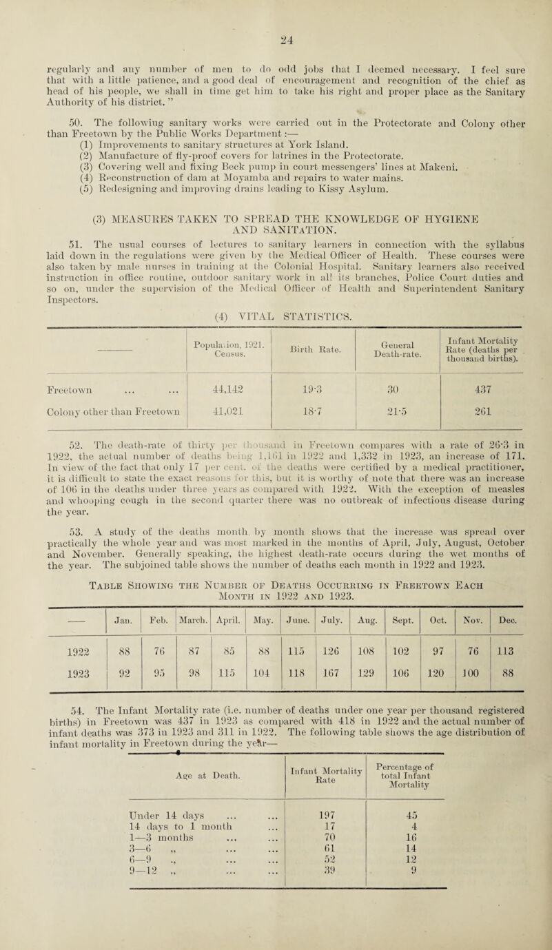 regularly and any number of men to do odd jobs that I deemed necessary. I feel sure that with a little patience, and a good deal of encouragement and recognition of the chief as head of his people, we shall in time get him to take his right and proper place as the Sanitary Authority of his district. ” 50. The following sanitary works were carried out in the Protectorate and Colony other than Freetown by the Public Works Department (1) Improvements to sanitary structures at York Island. (2) Manufacture of fly-proof covers for latrines in the Protectorate. (3) Covering well and fixing Beck pump in court messengers’ lines at Makeni. (4) Reconstruction of dam at Moyamba and repairs to water mains. (5) Redesigning and improving drains leading to Kissy Asylum. (3) MEASURES TAKEN TO SPREAD THE KNOWLEDGE OF HYGIENE AND SANITATION. 51. The usual courses of lectures to sanitary learners in connection with the syllabus laid down in the regulations were given by the Medical Officer of Health. These courses were also taken by male nurses in training at the Colonial Hospital. Sanitary learners also received instruction in office routine, outdoor sanitary work in all its branches. Police Court duties and so on, under the supervision of the Medical Officer of Health and Superintendent Sanitary Inspectors. (4) VITAL STATISTICS. —-- Population, 1921. Census. Birth Rate. General Death-rate. Infant Mortality Rate (deaths per thousand births). Freetown 44,142 19-3 30 437 Colony other than Freetown 41,021 18-7 21*5 261 52. The death-rate of thirty per thousand in Freetown compares with a rate of 26-3 in 1922, the actual number of deaths being 1,1(51 in 1922 and 1,332 in 1923, an increase of 171. In view of the fact that only 17 per cent, of the deaths were certified by a medical practitioner, it is difficult to state the exact reasons for this, but it is worthy of note that there was an increase of 106 in the deaths under three years as compared with 1922. With the exception of measles and whooping cough in the second quarter there was no outbreak of infectious disease during the year. 53. A study of the deaths month, by month shows that the increase was spread over practically the whole year and was most marked in the months of April, July, August, October and November. Generally speaking, the highest death-rate occurs during the wet months of the year. The subjoined table shows the number of deaths each month in 1922 and 1923. Table Showing the Number of Deaths Occurring in Freetown Each Month in 1922 and 1923. Jan. Feb. March. April. May. June. July. Aug. Sept. Oct. Nov. Dec. 1922 88 76 87 85 88 115 126 108 102 97 76 113 1923 92 95 98 115 104 118 167 129 106 120 100 88 54. The Infant Mortality rate (i.e. number of deaths under one year per thousand registered births) in Freetown was 437 in 1923 as compared with 418 in 1922 and the actual number of infant deaths was 373 in 1923 and 311 in 1922. The following table shows the age distribution of infant mortality in Freetown during the yeftr— —————-———— Age at Death. Infant Mortality Rate Percentage of total Infant Mortality Under 14 days 197 45 14 days to 1 month 17 4 1—3 months 70 16 3—6 „ 61 14 6-9 ., . 52 12 9—12 „ 39 9