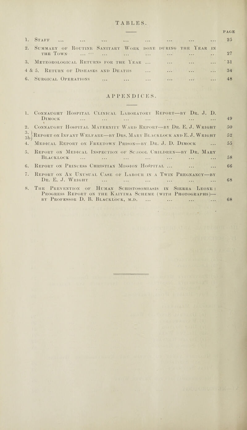 TABLES. 1 • SI AI F .*. . ■. .*. ..* ... .*• . •. ... 2. Summary of Routine Sanitary Work done during the Year in the Town ... 3. Meteorological Returns for the Year ... 4 & 5. Return of Diseases and Deaths 6. Surgical Operations PAGE 25 27 * 31 34 48 A P P E N D I C E S . 1. Connaught Hospital Clinical Laboratory Report—by Dr. ,1. D. D i mock ... ... ... ... ... ... ... » 2. Connaught Hospital Maternity Ward Report—by Dr. E. J. Wright Report on Infant Welfare—by Diis. Mary Black lock and E. J. W right 4. Medical Report on Freetown Prison—by Dr. .1. D. Dimock 5. Report on Medical Inspection of School Children—by Dr. Mary Blacklock 6. Report on Princess Christian Mission Hospital ... 7. Report on An Unusual Case of Labour in a Twin Pregnancy—by Dr. E. J. Wright 8. The Prevention of Human Schistosomiasis in Sierra Leone : Progress Report on the Kaiyima Scheme (with Photographs)— by Professor D. B. Blacklock, m.d. 49 50 52 55 58 66 68 68