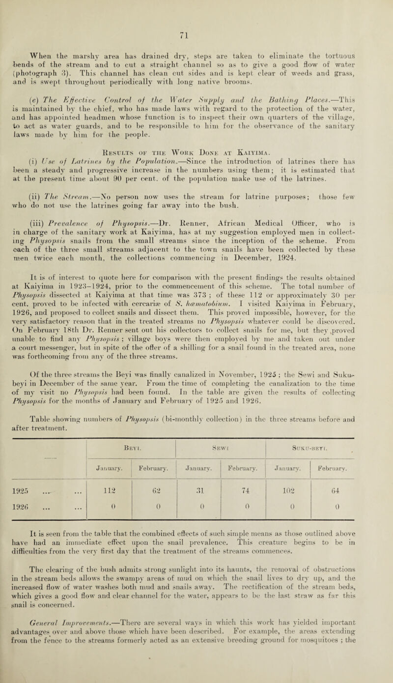 Wliea the marshy area has drained dry, steps are taken to eliminate the tortuous bends of the stream and to cut a straight channel so as to give a good flow of water (photograph 3). This channel has clean cut sides and is kepi clear of weeds and grass, and is swept throughout periodically with long native brooms. (e) The Effective Control of the Water Supply and the Bathing Places.—This is maintained by the chief, who has made laws with regard to the protection of the water, and has appointed headmen whose function is to inspect their own quarters of the village, to act as water guards, and to be responsible to him for the observance of the sanitary laws made by him for the people. Results of the Work Done at Kaiyima. (i) Use of Latrines by the Population.—Since the introduction of latrines there has been a steady and progressive increase in the numbers using them; it is estimated that at the present time about 90 per cent, of the population make use of the latrines. (ii) The Stream.—No person now uses the stream for latrine purposes; those few who do not use the latrines going far away into the bush. (iii) Prevalence of Physopsis.—Dr. Renner, African Medical Officer, who is in charge of the sanitary work at Kaiyima, has at my suggestion employed men in collect¬ ing Physopsis snails from the small streams since the inception of the scheme. From each of the three small streams adjacent to the town snails have been collected by these men twice each month, the collections commencing in December. 1924. It is of interest to quote here for comparison with the present findings the results obtained at Kaiyima in 1923-1924, prior to the commencement of this scheme. The total number of Physopsis dissected at Kaiyima at that time was 373 ; of these 112 or approximately 30 per cent, proved to be infected with cercariae of *$’. hcematobium. 1 visited Kaiyima in February, 1926, and proposed to collect snails and dissect them. This proved impossible, however, for the very satisfactory reason that in the treated streams no Physopsis whatever could be discovered. On February 18th Dr. Renner sent out his collectors to collect snails for me, but they ^proved unable to find any Physopsis ; village boys were then employed by me and taken out under a court messenger, but in spite of the offer of a shilling for a snail found in the treated area, none was forthcoming from any of the three streams. Of the three streams the Beyi was finally canalized in November, 1925 ; the Sewi and Suku- beyi in December of the same year. From the time of completing the canalization to the time of my visit no Physopsis bad been found. In the table are given the results of collecting Physopsis for the months of January and February of 1925 and 1926. Table showing numbers of Physopsis (bi-monthly collection) in the three streams before and after treatment. Beyi. Sewi Suicu- BEYI. January. February. January. February. January. February. 1925 112 62 31 74 102 64 1926 0 0 0 0 0 0 It is seen from the table that the combined effects of such simple means as those outlined above have had an immediate effect upon the snail prevalence. This creature begins to be in difficulties from the very first day that the treatment of the streams commences. The clearing of the bush admits strong sunlight into its haunts, the removal of obstructions in the stream beds allows the swampy areas of mud on which the snail lives to dry up, and the increased flow of water washes both mud and snails away. The rectification of the stream beds, which gives a good flow and clear channel for the water, appears to be the last straw as far this snail is concerned. General Improvements.—There are several ways in which this work has yielded important advantages over and above those which have been described. For example, the areas extending from the fence to the streams formerly acted as an extensive breeding ground for mosquitoes ; the
