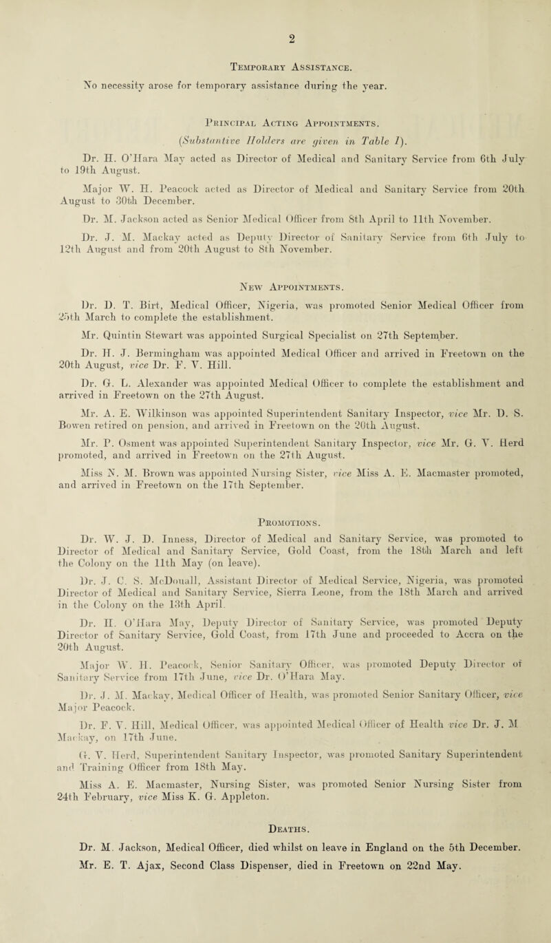 Temporary Assistance. No necessity arose for temporary assistance during the year. Principal Acting Appointments. (.Substantive Holders are given in Table 1). Dr. H. O'Hara May acted as Director of Medical and Sanitary Service from 6th July to 19th August. Major W. H. Peacock acted as Director of Medical and Sanitary Service from 20th August to 30t)h December. Dr. M. Jackson acted as Senior Medical Officer from Sth April to 11th November. Dr. J. M. Mackay acted as Deputy Director of Sanitary Service from 6th July to 12th August and from 20th August to Sth November. New Appointments. Dr. D. T. Birt, Medical Officer, Nigeria, was promoted Senior Medical Officer from 25th March to complete the establishment. Mr. Quintin Stewart was appointed Surgical Specialist on 27th September. Dr. H. J. Bermingham was appointed Medical Officer and arrived in Freetown on the 20th August, vice Dr. F. V. Hill. Dr. G. L. Alexander was appointed Medical Officer to complete the establishment and arrived in Freetown on the 27th August. Mr. A. E. Wilkinson was appointed Superintendent Sanitary Inspector, vice Mr. 1). S. Bowen retired on pension, and arrived in Freetown on the 20th August. Mr. P. Osment was appointed Superintendent Sanitary Inspector, vice Mr. G. Y. Herd promoted, and arrived in Freetown on the 27th August. Miss N. M. Brown was appointed Nursing Sister, rice Miss A. E. Macmaster promoted, and arrived in Freetown on the 17th September. Promotions. Dr. W. J. D. Inness, Director of Medical and Sanitary Service, was promoted to Director of Medical and Sanitary Service, Gold Coa.st, from the 18th March and left the Colony on the 11th May (on leave). Dr. J. C. S. McDouall, Assistant Director of Medical Service, Nigeria, was promoted Director of Medical and Sanitary Service, Sierra Leone, from the 18th March and arrived in the Colony on the 13th April. Dr. II. O’Hara May, Deputy Director of Sanitary Service, was promoted Deputy Director of Sanitary Service, Gold Coast, from 17th June and proceeded to Accra on the 20th August. Major W. II. P eacock, Senior Sanitary Officer, was promoted Deputy Director of Sanitary Service from 17tli June, vice Dr. O’Hara May. Dr. J. M. Mackay, Medical Officer of Health, was promoted Senior Sanitary Officer, vice M ajor Peacock. Dr. F. Y. Hill, Medical Officer, was appointed Medical Officer of Health vice Dr. J. M Mackay, on 17th June. G. Y. Herd, Superintendent Sanitary Inspector, was promoted Sanitary Superintendent and Training Officer from 18th May. Miss A. E. Macmaster, Nursing Sister, was promoted Senior Nursing Sister from 24th February, vice Miss K. G. Appleton. Deaths. Dr. M. Jackson, Medical Officer, died whilst on leave in England on the 5th December. Mr. E. T. Ajax, Second Class Dispenser, died in Freetown on 22nd May.