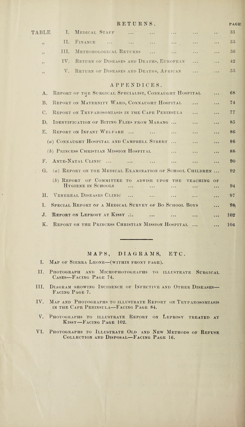 RETURNS. page: TABLE I. Medical Staff 33 55 II. Finance 35 55 III. Meteorological Returns ... 36 55 IV. Return of Diseases and Deaths, European 42 55 V. Return of Diseases and Deaths, African • • • 00 APPENDICES. A. Report of the Surgical Specialist, Connaught Hospital 13. Report on Maternity Ward, Connaught Hospital C. Report on Trypanosomiasis in the Cape Peninsula D. Identification of Biting Flies from Mabang ... E. Report on Infant Welfare ... (a) Connaught Hospital and Campbell Street ... (b) Princess Christian Mission Hospital ... ... .<. F. Ante-Natal Clinic ... G. (a) Report on the Medical Examination of School Children ... (b) Report of Committee to advise upon the teaching of Hygiene in Schools H. Venereal Diseases Clinic I. Special Report of a Medical Survey of Bo School Boys J. Report on Leprosy at Kissy .*.. K. Report on the Princess Christian Mission Hospital ... 68 74 77 85 86 86 88- 90 92 94 97 98, 102 104 MAPS, DIAGRAMS, ETC. I. Map of Sierra Leone—(within front page). II. Photograph and Microphotographs to illustrate Surgical Cases—Facing Page 74. III. Diagram showing Incidence of Infective and Other Diseases— Facing Page 7. IV. Map and Photographs to illustrate Report on Trypanosomiasis in the Cape Peninsula—Facing Page 84. V. Photographs to illustrate Report on Leprosy treated at Kissy—Facing Page 102. VI. Photographs to Illustrate Old and New Methods of Refuse Collection and Disposal—Facing Page 16.