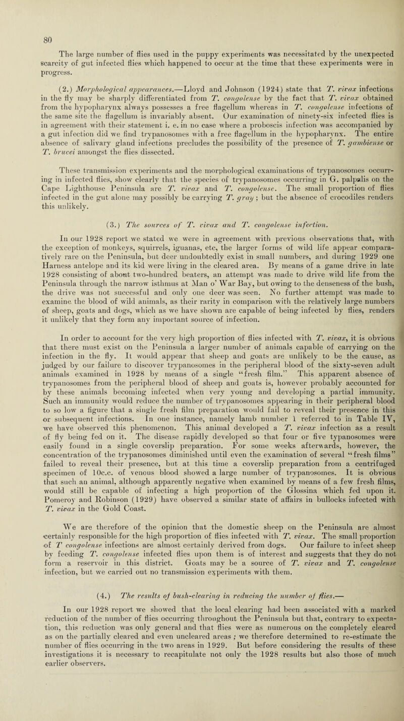 The large number of flies used in the poppy experiments was necessitated by the unexpected scarcity of gut infected flies which happened to occur at the time that these experiments were in progress. (2.) Morphological appearances.—Lloyd and Johnson (1924) state that T. vivax infections in the fly may be sharply differentiated from T. congolense by the fact that T. vivax obtained from the hypopharynx always possesses a free flagellum whereas in T. congolense infections of the same site the flagellum is invariably absent. Our examination of ninety-six infected flies is in agreement with their statement i. e. in no case where a proboscis infection was accompanied by a gut infection did we find trypanosomes with a free flagellum in the hypopharynx. The entire absence of salivary gland infections precludes the possibility of the presence of T. gambiense or T. brncei amongst the flies dissected. These transmission experiments and the morphological examinations of trypanosomes occurr¬ ing in infected flies, show clearly that the species of trypanosomes occurring in G. palpalis on the Cape Lighthouse Peninsula are T. vivax and T. congolense. The small proportion of flies infected in the gut alone may possibly be carrying T. gray; but the absence of crocodiles renders this unlikely. (3.) The sources of T. vivax and T. congolense infection. In our 1928 report we stated we were in agreement with previous observations that, with the exception of monkeys, squirrels, iguanas, etc, the larger forms of wild life appear compara¬ tively rare on the Peninsula, but deer undoubtedly exist in small numbers, and during 1929 one Harness antelope and its kid were living in the cleared area. By means of a game drive in late 1928 consisting of about two-hundred beaters, an attempt was made to drive wild life from the Peninsula through the narrow isthmus at Man o’ War Bay, but owing to the denseness of the bush, the drive was not successful and only one deer was seen. No further attempt was made to examine the blood of wild animals, as their rarity in comparison with the relatively large numbers of sheep, goats and dogs, which as we have shown are capable of being infected by flies, renders it unlikely that they form any important source of infection. In order to account for the very high proportion of flies infected with T. vivax, it is obvious that there must exist on the Peninsula a larger number of animals capable of carrying on the infection in the fly. It would appear that sheep and goats are unlikely to be the cause, as judged by our failure to discover trypanosomes in the peripheral blood of the sixty-seven adult animals examined in 1928 by means of a single “fresh film.' This apparent absence of trypanosomes from the peripheral blood of sheep and goats is, however probably accounted for by these animals becoming infected when very young and developing a partial immunity. Such an immunity would reduce the number of trypanosomes appearing in their peripheral blood to so low a figure that a single fresh film preparation would fail to reveal their presence in this or subsequent infections. In one instance, namely lamb number 1 referred to in Table IV, we have observed this phenomenon. This animal developed a T. vivax infection as a result of fly being fed on it. The disease rapidly developed so that four or five typanosomes were easily found in a single coverslip preparation. For some weeks afterwards, however, the concentration of the trypanosomes diminished until even the examination of several “fresh films” failed to reveal their presence, but at this time a coverslip preparation from a centrifuged specimen of 10c.c. of venous blood showed a large number of trypanosomes. It is obvious that such an animal, although apparently negative when examined by means of a few fresh films, would still be capable of infecting a high proportion of the Glossina which fed upon it. Pomeroy and Robinson (1929) have observed a similar state of affairs in bullocks infected with T. vivax in the Gold Coast. We are therefore of the opinion that the domestic sheep on the Peninsula are almost ^certainly responsible for the high proportion of flies infected with T. vivax. The small proportion •of T congolense infections are almost certainly derived from dogs. Our failure to infect sheep by feeding T. congolense infected flies upon them is of interest and suggests that they do not form a reservoir in this district. Goats may be a source of T. vivax and T. congolense infection, but we carried out no transmission experiments with them. (4.) The results oj bush-clearing in reducing the number of flies.— In our 1928 report we showed that the local clearing had been associated with a marked reduction of the number of flies occurring throughout the Peninsula but that, contrary to expecta¬ tion, this reduction was only general and that flies were as numerous on the completely cleared as on the partially cleared and even uncleared areas ; we therefore determined to re-estimate the number of flies occurring in the two areas in 1929. But before considering the results of these investigations it is necessary to recapitulate not only the 1928 results but also those of much earlier observers.