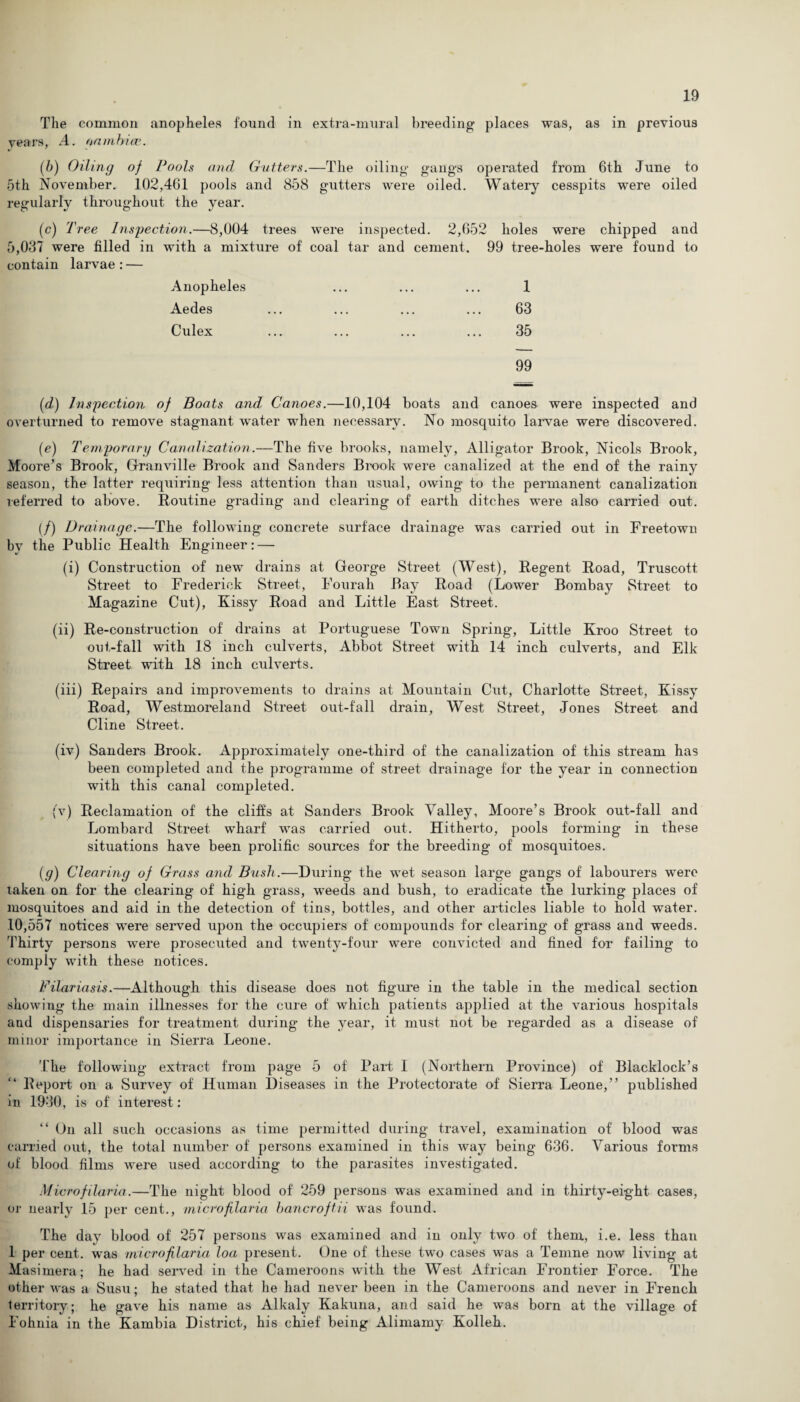 The common anopheles found in extra-mural breeding places was, as in previous years, A. gamhicc. (b) Oiling of Pooh and Gutters.—The oiling gangs operated from 6th June to 5th November. 102,461 pools and 858 gutters were oiled. Watery cesspits were oiled regularly throughout the year. (c) Tree Inspection.—8,004 trees were inspected. 2,652 holes were chipped and 5,037 were filled in with a mixture of coal tar and cement, 99 tree-holes were found to contain larvae: — Anopheles ... ... ... 1 Aedes ... ... ... ... 63 Culex ... ... ... ... 35 99 (d) Inspection of Boats and Canoes.—10,104 boats and canoes were inspected and overturned to remove stagnant water when necessary. No mosquito larvae were discovered. (e) Temporary Canalization.—The five brooks, namely, Alligator Brook, Nicols Brook, Moore’s Brook, Granville Brook and Sanders Brook were canalized at the end of the rainy season, the latter requiring less attention than usual, owing to the permanent canalization referred to above. Routine grading and clearing of earth ditches were also carried out. (/) Drainage.—The following concrete surface drainage was carried out in Freetown by the Public Health Engineer: — (i) Construction of new drains at George Street (West), Regent Road, Truscott, Street to Frederick Street, Fourah Bay Road (Lower Bombay Street to Magazine Cut), Kissy Road and Little East Street. (ii) Re-construction of drains at Portuguese Town Spring, Little Kroo Street to out-fall with 18 inch culverts, Abbot Street with 14 inch culverts, and Elk Street with 18 inch culverts. (iii) Repairs and improvements to drains at Mountain Cut, Charlotte Street, Kissy Road, Westmoreland Street out-fall drain, West Street, Jones Street and Cline Street. (iv) Sanders Brook. Approximately one-third of the canalization of this stream has been completed and the programme of street drainage for the year in connection with this canal completed. (v) Reclamation of the cliffs at Sanders Brook Valley, Moore’s Brook out-fall and Lombard Street wharf was carried out. Hitherto, pools forming in these situations have been prolific sources for the breeding of mosquitoes. (g) Clearing of Grass and Bush.—During the wet season large gangs of labourers were taken on for the clearing of high grass, weeds and bush, to eradicate the lurking places of mosquitoes and aid in the detection of tins, bottles, and other articles liable to hold water. 10,557 notices were served upon the occupiers of compounds for clearing of grass and weeds. Thirty persons were prosecuted and twenty-four were convicted and fined for failing to comply with these notices. Filariasis.—Although this disease does not figure in the table in the medical section showing the main illnesses for the cure of which patients applied at the various hospitals and dispensaries for treatment during the year, it must not be regarded as a disease of minor importance in Sierra Leone. The following extract from page 5 of Part I (Northern Province) of Blacklock’s “ Report on a Survey of Human Diseases in the Protectorate of Sierra Leone,” published m 1930, is of interest: “ On all such occasions as time permitted during travel, examination of blood was carried out, the total number of persons examined in this way being 636. Various forms of blood films were used according to the parasites investigated. Microfilaria.—The night blood of 259 persons was examined and in thirty-eight cases, or nearly 15 per cent., microfilaria hancroftii was found. The day blood of 257 persons was examined and in only two of them, i.e. less than 1 per cent, was microfilaria loa present. One of these two cases was a Temne now living at Masimera; he had served in the Cameroons with the West African Frontier Force. The other was a Susu; he stated that he had never been in the Cameroons and never in French territory; he gave his name as Alkaly Kakuna, and said he was born at the village of Fohnia in the Kambia District, his chief being Alimamy Kolleh.