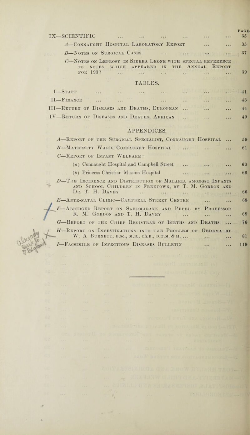 IX—SCIENTIFIC A—Connaught Hospital Laboratory Report B—Notes on Surgical Cases C—Notes on Leprosy in Sierra Leone with special reference TO NOTES WHICH APPEARED IN THE A NNUAL REPORT FOR 1930 TABLES. I—Staff II—Finance III—Return of Diseases and Deaths, European ... IY—Return of Diseases and Deaths, African APPENDICES. A—Report of the Surgical Specialist, Connaught Hospital ... B—Maternity Ward, Connaught Hospital C—Report of Infant Welfare : (a) Connaught Hospital and Campbell Street (b) Princess Christian Mission Hospital D—The Incidence and Distribution of Malaria amongst Infants and School Children in Freetown, by T. M. Gordon and Dr. T. H. Davey E—Ante-natal Clinic—Campbell Street Centre F—Abridged Report on Sahrmarank and Pepel by R. M. Gordon and T. H. Davey G—Report of the Chief Registrar of Births and H—Report on Investigations into the Problem of W. A Burnett, b.sc., m.b., cIlb., d.t.m. & h. ... /—Facsimile of Infectious Diseases Bulletin Professor Deaths Oedema by
