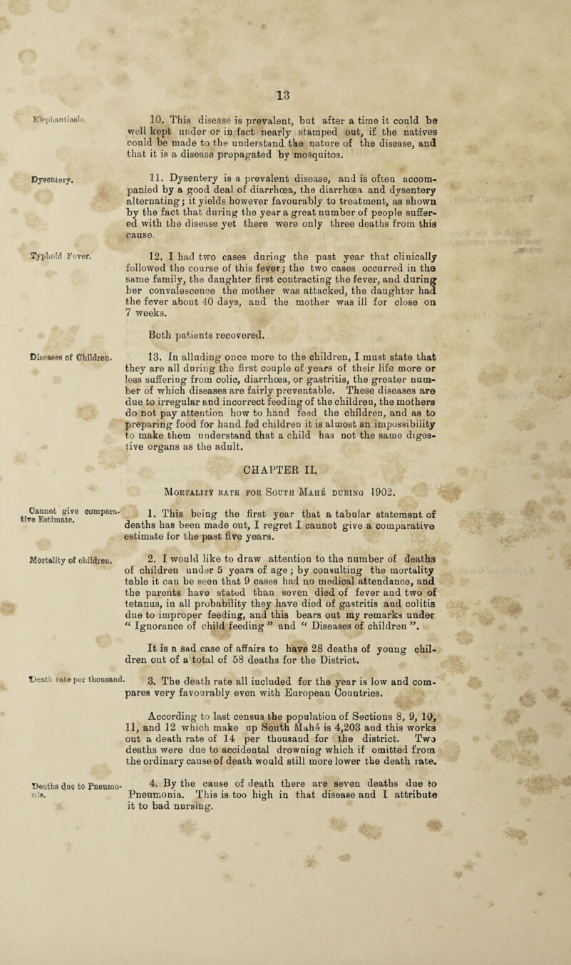 10. This disease is prevalent, but after a time it could be well kept under or in fact nearly stamped out, if the natives could be made to the understand the nature of the disease, and that it is a disease propagated by mosquitos. 11. Dysentery is a prevalent disease, and is often accom¬ panied by a good deal of diarrhoea, the diarrhoea and dysentery alternating; it yields however favourably to treatment, as shown by the fact that during the year a great number of people suffer¬ ed with the disease yet there were only three deaths from this cause 12. I had two cases during the past year that clinically followed the course of this fever; the two cases occurred in the same family, the daughter first contracting the fever, and during her convalescence the mother was attacked, the daughter had the fever about 40 days, and the mother was ill for close on 7 weeks. Both patients recovered. Diseases of Children. 13. In alluding once more to the children, I must state that they are all during the first couple of years of their life more or less suffering from colic, diarrhoea, or gastritis, the greater num¬ ber of which diseases are fairly preventable. These diseases are due to irregular and incorrect feeding of the children, the mothers do not pay attention how to hand feed the children, and as to preparing food for hand fed children it is almost an impossibility to make them understand that a child has not the same diges¬ tive organs as the adult. Elephantiasis. Dysentery. Typhoid Fever. CHAPTER II. Mortality rate for South Mahe during 1902. ^Estimat/6 compara* 1* This being the first year that a tabular statement of deaths has been made out, I regret I cannot give a comparative estimate for the past five years. Mortality of children. 2. I would like to draw attention to the number of deaths of children under 5 years of age ; by consulting the mortality table it can be seen that 9 cases had no medical attendance, and the parents have stated than seven died of fever and two of tetanus, in all probability they have died of gastritis and colitis due to improper feeding, and this bears out my remarks under li Ignorance of child feeding ” and (< Diseases of children ”, It is a sad case of affairs to have 28 deaths of young chil¬ dren out of a total of 58 deaths for the District. Tjeath rate per thousand. 3, The death rate all included for the year is low and com¬ pares very favourably even with European Countries. According to last census the population of Sections 8, 9, 10, 11, and 12 which make up South Mahe is 4,203 and this works out) a death rate of 14 per thousand for the district. Two deaths were due to accidental drowning which if omitted from the ordinary cause of death would still more lower the death rate. Deaths due to Pneumo- 4. By the cause of death there are seven deaths due to siia. Pneumonia. This is too high in that disease and I attribute it to bad nursing.