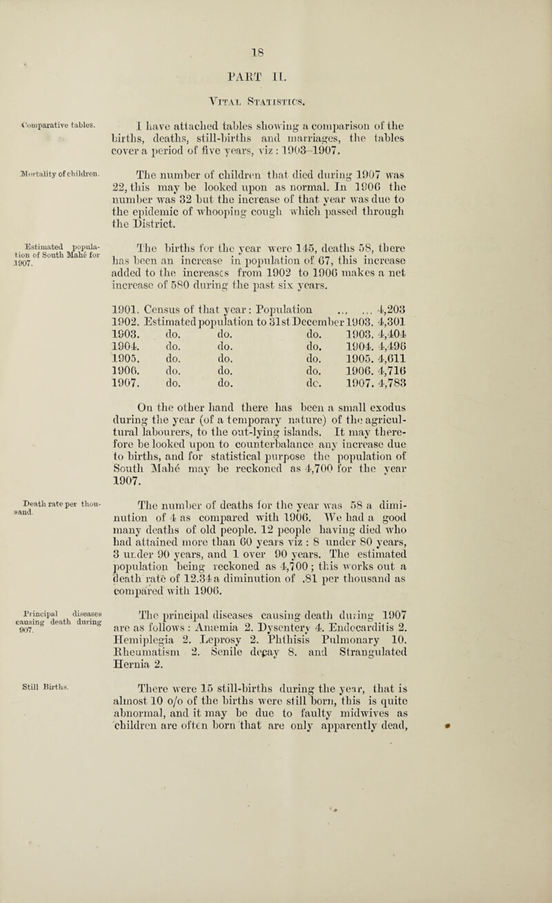 i Vnuparative tables. Mortality of children. Estimated popula¬ tion of South Mahe for 1907, Death rate per thou¬ sand Principal diseases causing death during 907. Still Births. PART II. Vital Statistics. I have attached tables showing* a comparison of the births, deaths, still-births and marriages, the tables cover a period of five years, viz : 1903 -1907. The number of children that died during 1907 was 22, this may be looked upon as normal. In 1906 the number was 32 but the increase of that year was due to * the epidemic of whooping cough which passed through the District. The births for the year were 145, deaths 58, there has been an increase in population of 67, this increase added to the increases from 1902 to 1906 makes a net increase of 580 during the past six years. 1901. Census of that year: Population ... ... 4,203 1902. Estimated population to 31st December 1903. 4,301 1903. do. do. do. 1903. 4,404 1904. do. do. do. 1904. 4,496 1905. do. do. do. 1905. 4,611 1906. do. do. do. 1906. 4,716 1907. do. do. do. 1907. 4,783 On the other hand there has been a small exodus during the year (of a temporary nature) of the agricul¬ tural labourers, to the out-lying islands. It may there¬ fore be looked upon to counterbalance any increase due to births, and for statistical purpose the population of South Mahe may be reckoned as 4,700 for the year 1907. The number of deaths lor the year was 58 a dimi- nution of 4 as compared with 1906. We had a good many deaths of old people. 12 people haying died who had attained more than 60 years viz : 8 under 80 years, 3 under 90 years, and 1 oyer 90 years. The estimated population being reckoned as 4,700; this works out a death rate of 12.34 a diminution of .81 per thousand as compared with 1906. The principal diseases causing death during 1907 are as follows : Anicmia 2. Dysentery 4. Endocarditis 2. Hemiplegia 2. Leprosy 2. Phthisis Pulmonary 10. Rheumatism 2. Senile depay 8. and Strangulated Hernia 2. There were 15 still-births during the year, that is almost 10 o/o of the births were still born, this is quite abnormal, and it may be due to faulty midwives as children are often born that are only apparently dead, •