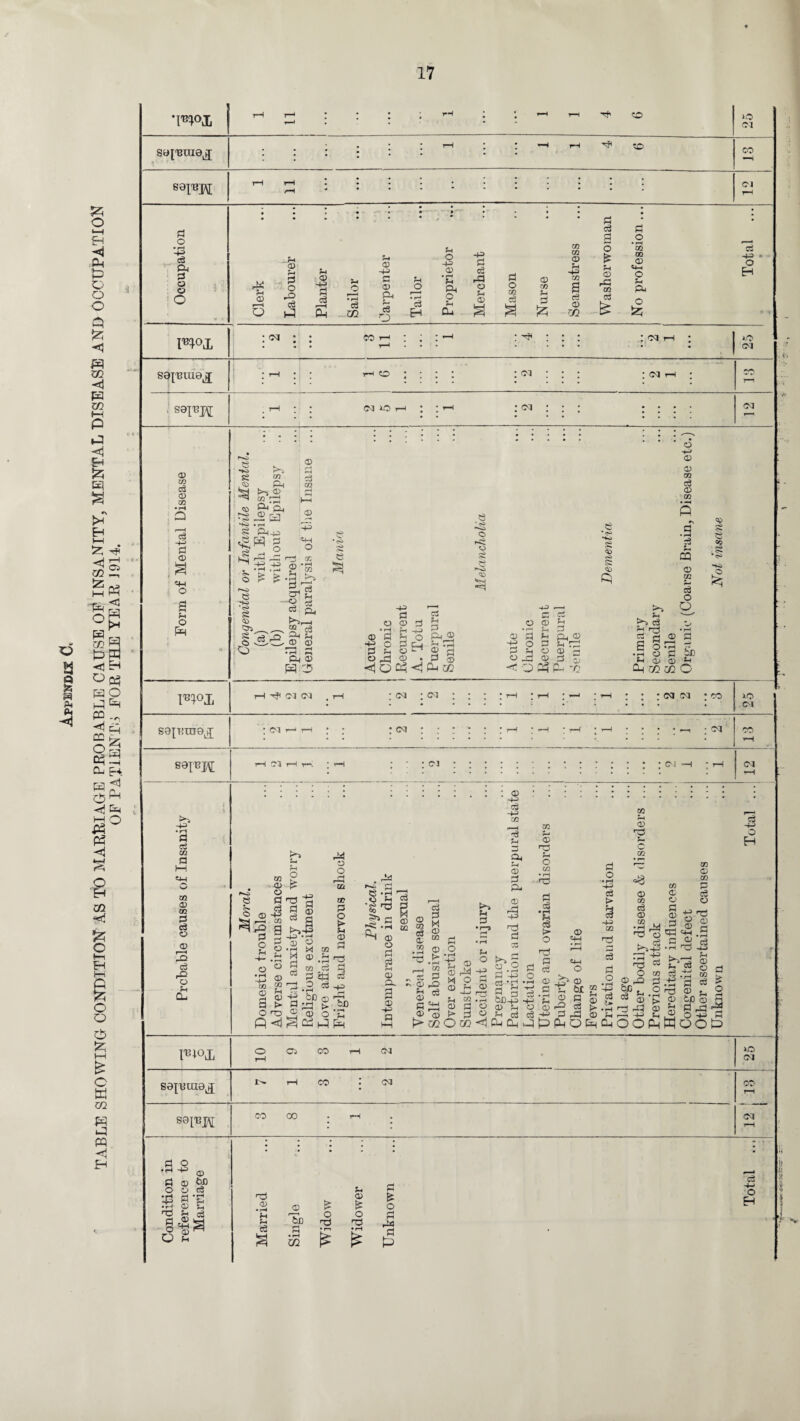 Appendix C, TABLE SHOWING CONDITION AS TO MARRIAGE PROBABLE CAUSE OE INSANITY, MENTAL DISEASE AND OCCUPATION OF PATIENTS FOR THE YEAR J914.