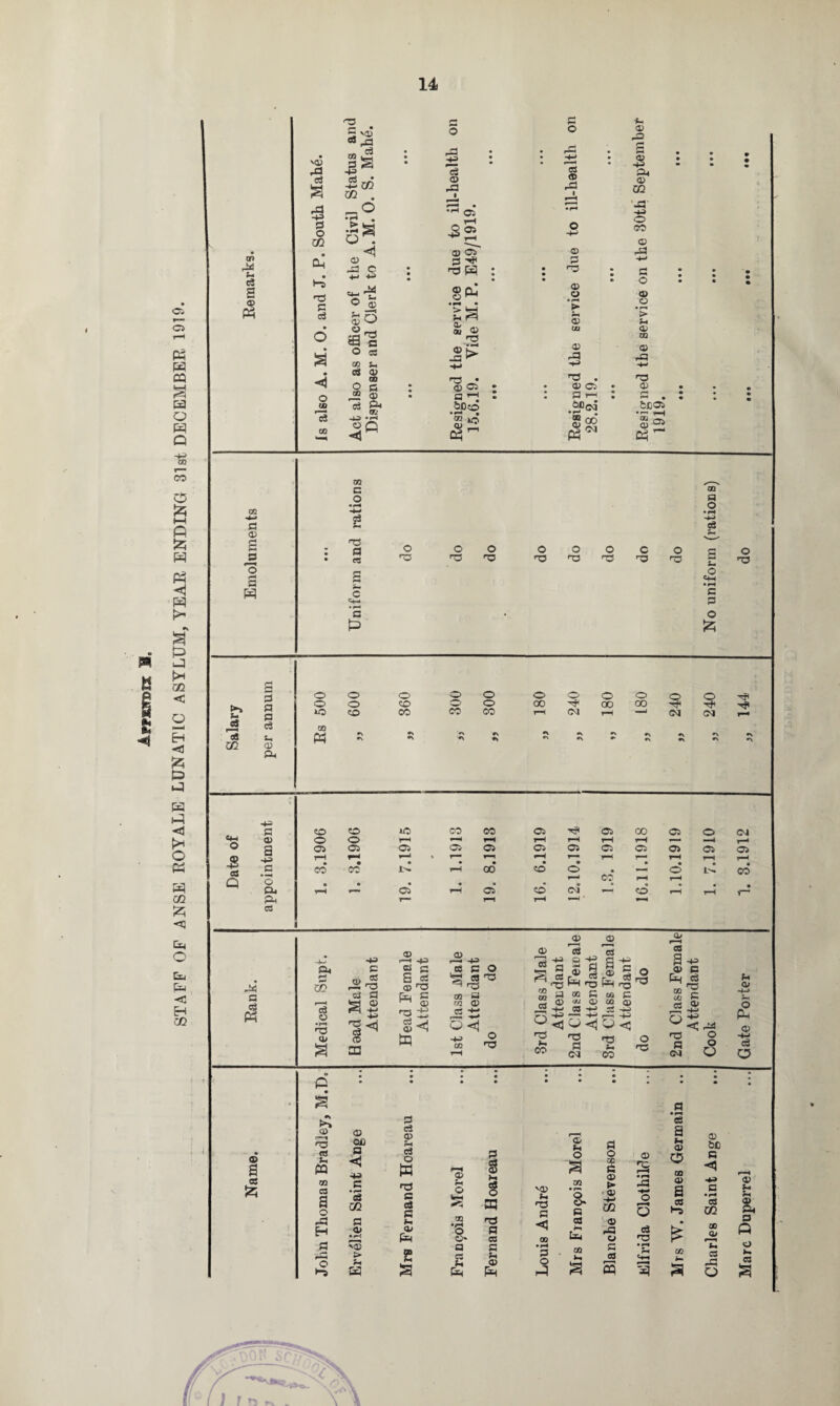 STAFF OF ANSE ROYALE LUNATLC ASYLUM, YEAR ENDING 31st DECEMBER 1919.