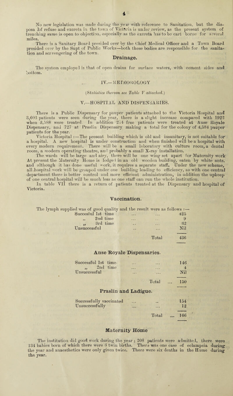 No new legislation was made during the year with reference to Sanitation, but the dis- posa Jof refuse and excreta in the town of Victoria is under review, as the present system of trenching same is open to objection, especially as the excreta has to be cart borne for several miles. There is a Sanitary Board presided over by the Chief Medical Officer and a Town Board presided over by the Supt of Public Works—both these bodies are responsible for the sanita¬ tion and scavengering of the town. Drainage. The system employe :1 is that of open drains for surface waters, with cement sides and bottom. IV.— METEOROLOGY (Statistics thereon see Table V attached.) V.—HOSPITAL AND DISPENSARIES. There is a Public Dispensary for pauper patients attached to the Victoria Hospital and 3,603 patients were seen during the year, there is a slight increase compared with 1922 when 3,588 were treated. In addition 254 free patients were treated at Anse Koyale Dispensary, and 727 at Prasliu Dispensary making a total for the colony of 4,584 pauper patients for the year. Victoria Hospital :—The present building which is old and insanitary, is not suitable for a hospital. A new hospital is under construction and when finished will be a hospital with every modern requirement. There will be a small laboratory with culture room, a dental room, a modern operating theatre, and jrrobably a small X-ray installation. The wards will be large and airy, there will be one wing set apart for Maternity work At present the Maternity Home is lodge 1 in an old wooden building, eaten by white ants, and although it has done useful work, it requires a separate staff. Under the new scheme, all hospital work will be grouped under one building leading to efficiency, as with one central department there is better control and more efficient administration, in addition the upkeep of one central hospital will be much less as one staff can run the whole institution. In table VII there is a return of patients treated at the Dispensary and hospital of Victoria. Vaccination. The lymph supplied was of good quality and the result were as follows :—- Succesful 1st time 425 „ 2nd time 9 „ 3rd time 32 Unsuccessful Nil Total 436 Anse Royale Dispensaries. Successful 1st time 146 ,, 2nd time 4 Unsuccessful Nil Total 150 Praslin and Ladigue. Successfully vaccinated 154 Unsuccessfully 12 Total ... 166 Maternity Home The institution did good work during the year ; 20S patients were admitted, there were 134 babies born of which there were 3 twin births. There was one case of eclampsia during the year and anaesthetics were only given twice. There were six deaths in the Home during the year.