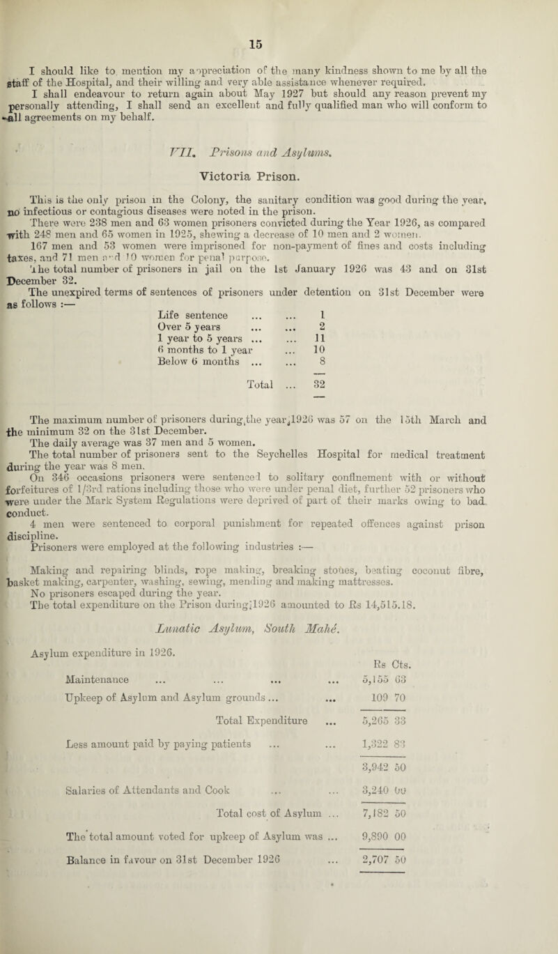 I should like to mention my appreciation of the many kindness shown to me by all the gtaff of the Hospital, and their willing and very able assistance whenever required. I shall endeavour to return again about May 1927 but should any reason prevent my personally attending, I shall send an excellent and fully qualified man who will conform to •sail agreements on my behalf. VII% Prisons and Asylums. Victoria Prison. This is the only prison in the Colony, the sanitary condition was good during the year, no infectious or contagious diseases were noted in the prison. There were 238 men and 63 women prisoners convicted during the Year 1926, as compared with 248 men and 65 women in 1925, shewing a decrease of 10 men and 2 women. 167 men and 53 women were imprisoned for non-payment of fines and costs including taxes, and 71 men n”d 10 women for penal purpose. The total number of prisoners in jail on the 1st January 1926 was 43 and on 81st December 32. The unexpired terms of sentences of prisoners under detention on 31st December were as follows :— Life sentence 1 Over 5 years . 2 1 year to 5 years ... 11 6 months to 1 year 10 Below 6 months ... 8 Total ... 32 The maximum number of prisoners during 4the yearJ1926 was 57 on the 15th March and the minimum 32 on the 31st December. The daily average was 37 men and 5 women. The total number of prisoners sent to the Seychelles Hospital for medical treatment during the year was 8 men. On 346 occasions prisoners were sentenced to solitary confinement with or without forfeitures of l/3rd rations including those who were under penal diet, further 52 prisoners who were under the Mark System Regulations were deprived of part of their marks owing to bad conduct. 4 men were sentenced to corporal punishment for repeated offences against prison discipline. Prisoners were employed at the following industries :— Making and repairing blinds, rope making, breaking stones, beating coconut fibre, basket making, carpenter, washing, sewing, mending and making mattresses. No prisoners escaped during the year. The total expenditure on the Prison during]1926 amounted to Rs 14,515.18. Lunatic Asylum, South Make, Asylum expenditure in 1926. Rs Cts. Maintenance ... ... ... ... 5,155 63 Upkeep of A.sylum and Asylum grounds ... ... 109 70 Total Expenditure 5,265 33 Less amount paid by paying patients 1,322 83 3,942 50 Salaries of Attendants and Cook 3,240 ou Total cost of Asylum ... 7,182 50 The total amount voted for upkeep of Asylum was ... 9,890 00 Balance in favour on 31st December 1926 ... 2,707 50