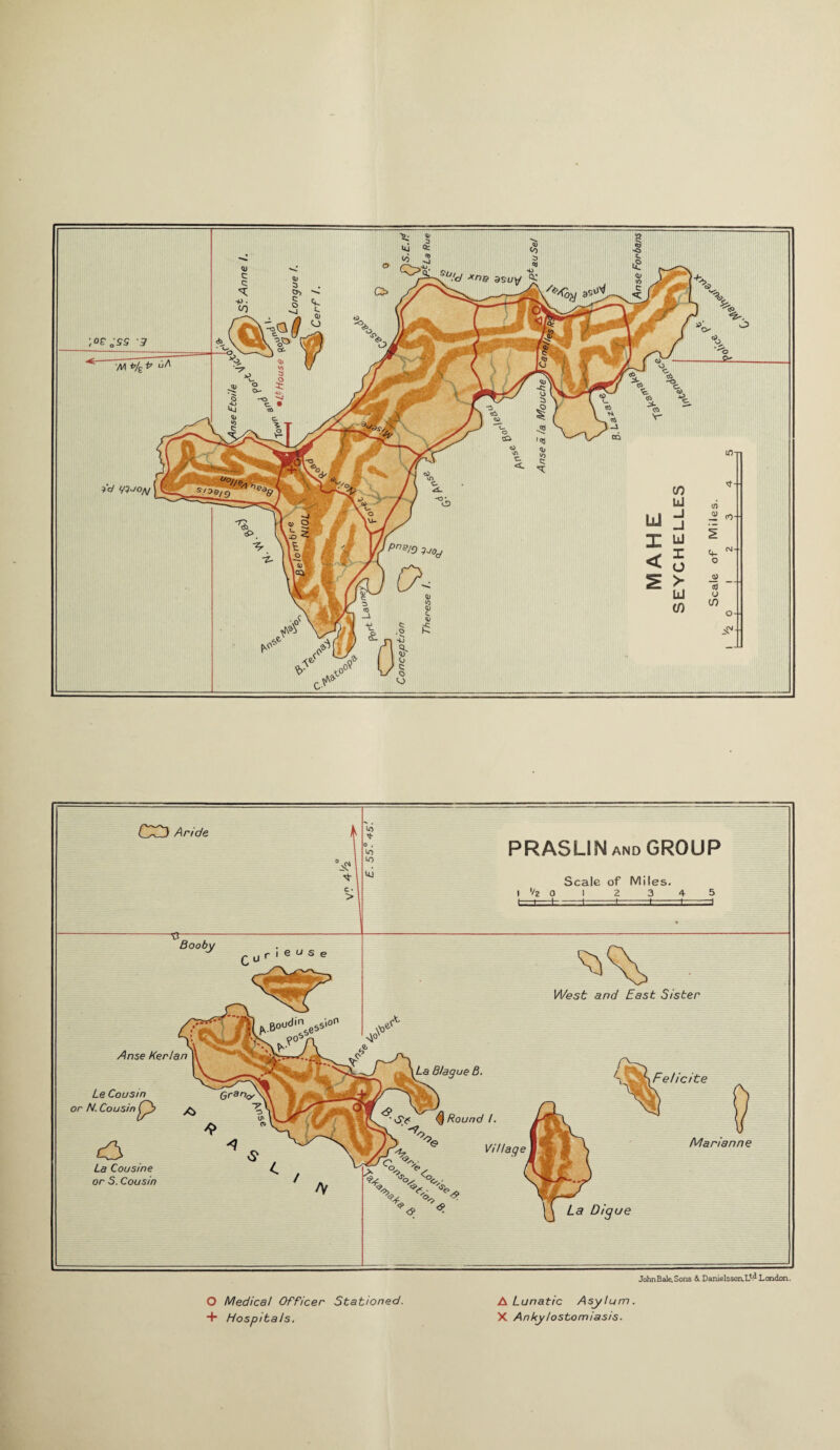 <u c c +> • CO ;or „•<?$ 3 Pns/0 1-jo O'¬ er) « <04 John Bale. Sons &. DamelssorsLC^ London. O Medical Officer Stationed. + Hospitals. A Lunatic Asylum. X Ankylostomiasis.