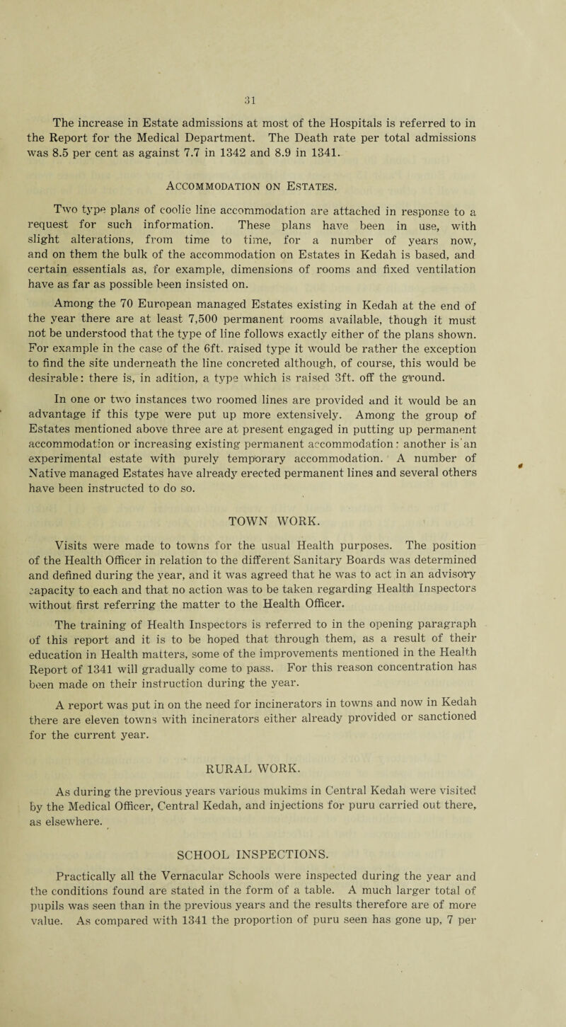 The increase in Estate admissions at most of the Hospitals is referred to in the Report for the Medical Department. The Death rate per total admissions was 8.5 per cent as against 7.7 in 1342 and 8.9 in 1341. Accommodation on Estates. Two type plans of coolie line accommodation are attached in response to a request for such information. These plans have been in use, with slight alterations, from time to time, for a number of years now, and on them the bulk of the accommodation on Estates in Kedah is based, and certain essentials as, for example, dimensions of rooms and fixed ventilation have as far as possible been insisted on. Among the 70 European managed Estates existing in Kedah at the end of the year there are at least 7,500 permanent rooms available, though it must not be understood that the type of line follows exactly either of the plans shown. For example in the case of the 6ft. raised type it would be rather the exception to find the site underneath the line concreted although, of course, this would be desirable: there is, in adition, a type which is raised 3ft. off the ground. In one or two instances two roomed lines are provided and it would be an advantage if this type were put up more extensively. Among the group of Estates mentioned above three are at present engaged in putting up permanent accommodation or increasing existing permanent accommodation: another is'an experimental estate with purely temporary accommodation. A number of Native managed Estates have already erected permanent lines and several others have been instructed to do so. TOWN WORK. Visits were made to towns for the usual Health purposes. The position of the Health Officer in relation to the different Sanitary Boards was determined and defined during the year, and it was agreed that he was to act in an advisory capacity to each and that no action was to be taken regarding Health Inspectors without first referring the matter to the Health Officer. The training of Health Inspectors is referred to in the opening paragraph of this report and it is to be hoped that through them, as a result of their education in Health matters, some of the improvements mentioned in the Health Report of 1341 will gradually come to pass. For this reason concentration has been made on their instruction during the year. A report was put in on the need for incinerators in towns and now in Kedah there are eleven towns with incinerators either already provided or sanctioned for the current year. RURAL WORK. As during the previous years various mukims in Central Kedah were visited by the Medical Officer, Central Kedah, and injections for puru carried out there, as elsewhere. SCHOOL INSPECTIONS. Practically all the Vernacular Schools were inspected during the year and the conditions found are stated in the form of a table. A much larger total of pupils was seen than in the previous years and the results therefore are of more value. As compared with 1341 the proportion of puru seen has gone up, 7 per