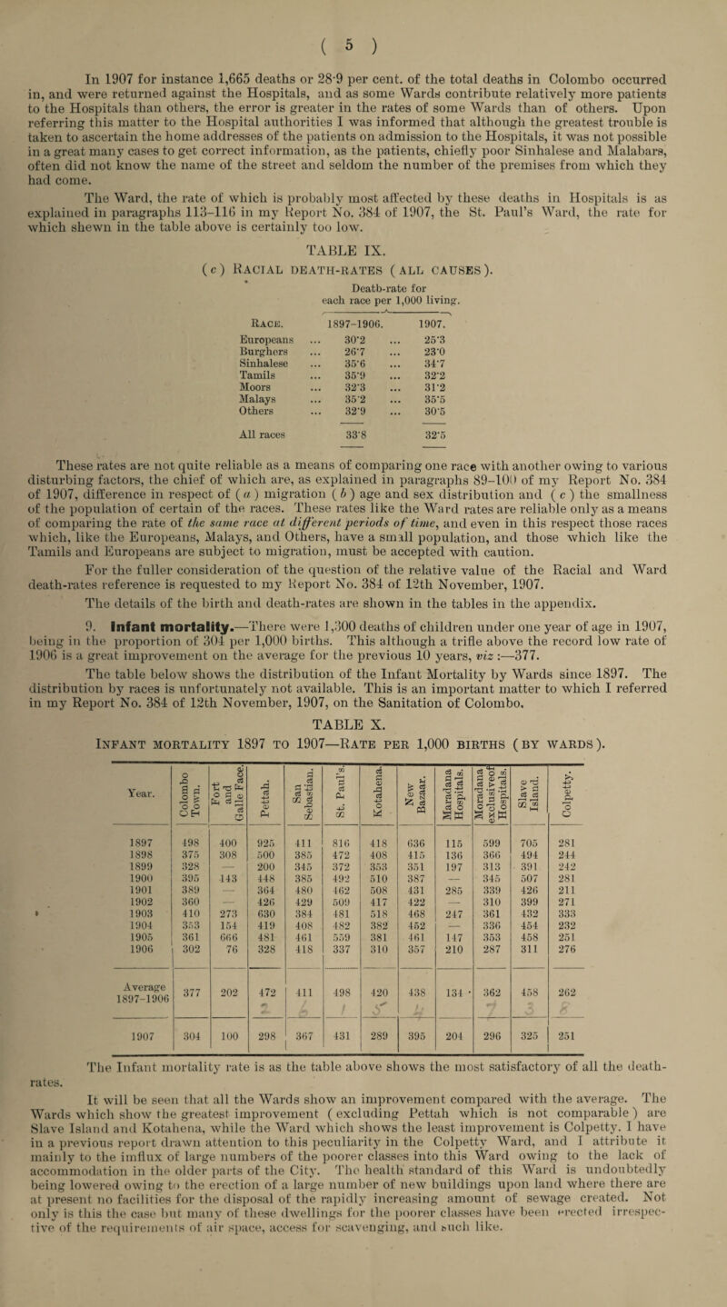 In 1907 for instance 1,665 deaths or 28-9 per cent, of the total deaths in Colombo occurred in, and were returned against the Hospitals, and as some Wards contribute relatively more patients to the Hospitals than others, the error is greater in the rates of some Wards than of others. Upon referring this matter to the Hospital authorities I was informed that although the greatest trouble is taken to ascertain the home addresses of the patients on admission to the Hospitals, it was not possible in a great many cases to get correct information, as the patients, chiefly poor Sinhalese and Malabars, often did not know the name of the street and seldom the number of the premises from which they had come. The Ward, the rate of which is probably most affected by these deaths in Hospitals is as explained in paragraphs 113-116 in my Report No. 384 of 1907, the St. Paul’s Ward, the rate for which shewn in the table above is certainly too low. TABLE IX. (c) Racial death-rates (all causes). Deatb-rate for each race per 1,000 living-. Race. 1897-1906. 1907. Europeans 30-2 25'3 Burghers Sinhalese 26'7 23-0 ... 35'6 347 Tamils 35-9 32‘2 Moors 323 31*2 Malays 352 35'5 Others 329 305 All races 338 32-5 These rates are not quite reliable as a means of comparing one race with another owing to various disturbing factors, the chief of which are, as explained in paragraphs 89-101) of my Report No. 384 of 1907, difference in respect of (a ) migration ( h) age and sex distribution and ( c ) the smallness of the population of certain of the races. These rates like the Wrard rates are reliable only as a means of comparing the rate of the same race at different periods of tune, and even in this respect those races which, like the Europeans, Malays, and Others, have a small population, and those which like the Tamils and Europeans are subject to migration, must be accepted with caution. For the fuller consideration of the question of the relative value of the Racial and Ward death-rates reference is requested to my Report No. 384 of 12th November, 1907. The details of the birth and death-rates are shown in the tables in the appendix. 9. Infant mortality.—There were 1,300 deaths of children under one year of age in 1907, being in the proportion of 304 per 1,000 births. This although a trifle above the record low rate of 1906 is a great improvement on the average for the previous 10 years, viz :—377. The table below shows the distribution of the Infant Mortality by Wards since 1897. The distribution by races is unfortunately not available. This is an important matter to which I referred in my Report No. 384 of 12th November, 1907, on the Sanitation of Colombo. TABLE X. Infant mortality 1897 to 1907—Rate per 1,000 births (by wards). Year. Colombo Town. Fort and Galle Face. Pettah. San Sebastian. St. Paul’s. Kotahena. New Bazaar. Maradana Hospitals. Moradana exclusiveof Hospitals. Slave Island. Colpetty, 1897 498 400 925 411 816 418 636 115 599 705 281 1898 375 308 500 385 472 408 415 136 366 494 244 1899 328 — 200 345 372 353 351 197 313 391 242 1900 395 143 448 385 492 510 387 — 345 507 281 1901 389 — 364 480 462 508 431 285 339 426 211 1902 360 — 426 429 509 417 422 — 310 399 271 1903 410 273 630 384 481 518 468 247 361 432 333 1904 3^3 154 419 408 482 382 452 — 336 454 232 1905 361 666 481 461 559 381 461 147 353 458 251 1906 302 76 328 418 337 310 357 210 287 311 276 Average 1897-1906 377 202 472 411 498 420 S' 438 h 134 • 362 458 262 1907 304 100 298 367 431 289 395 204 296 325 251 The Infant mortality rate is as the table above shows the most satisfactory of all the death- rates. It will be seen that all the Wards show an improvement compared with the average. The Wards which show the greatest improvement (excluding Pettah which is not comparable) are Slave Island and Kotahena, while the Ward which shows the least improvement is Colpetty. I have in a previous report drawn attention to this peculiarity in the Colpetty Ward, and I attribute it mainly to the imflux of large numbers of the poorer classes into this Ward owing to the lack of accommodation in the older parts of the City. The health standard of this Ward is undoubtedly being lowei’ed owing to the erection of a large number of new buildings upon land where there are at present no facilities for the disposal of the rapidly increasing amount of sewage created. Not only is this the case but many of these dwellings for the poorer classes have been erected irrespec¬ tive of the requirements of air space, access for scavenging, and such like.